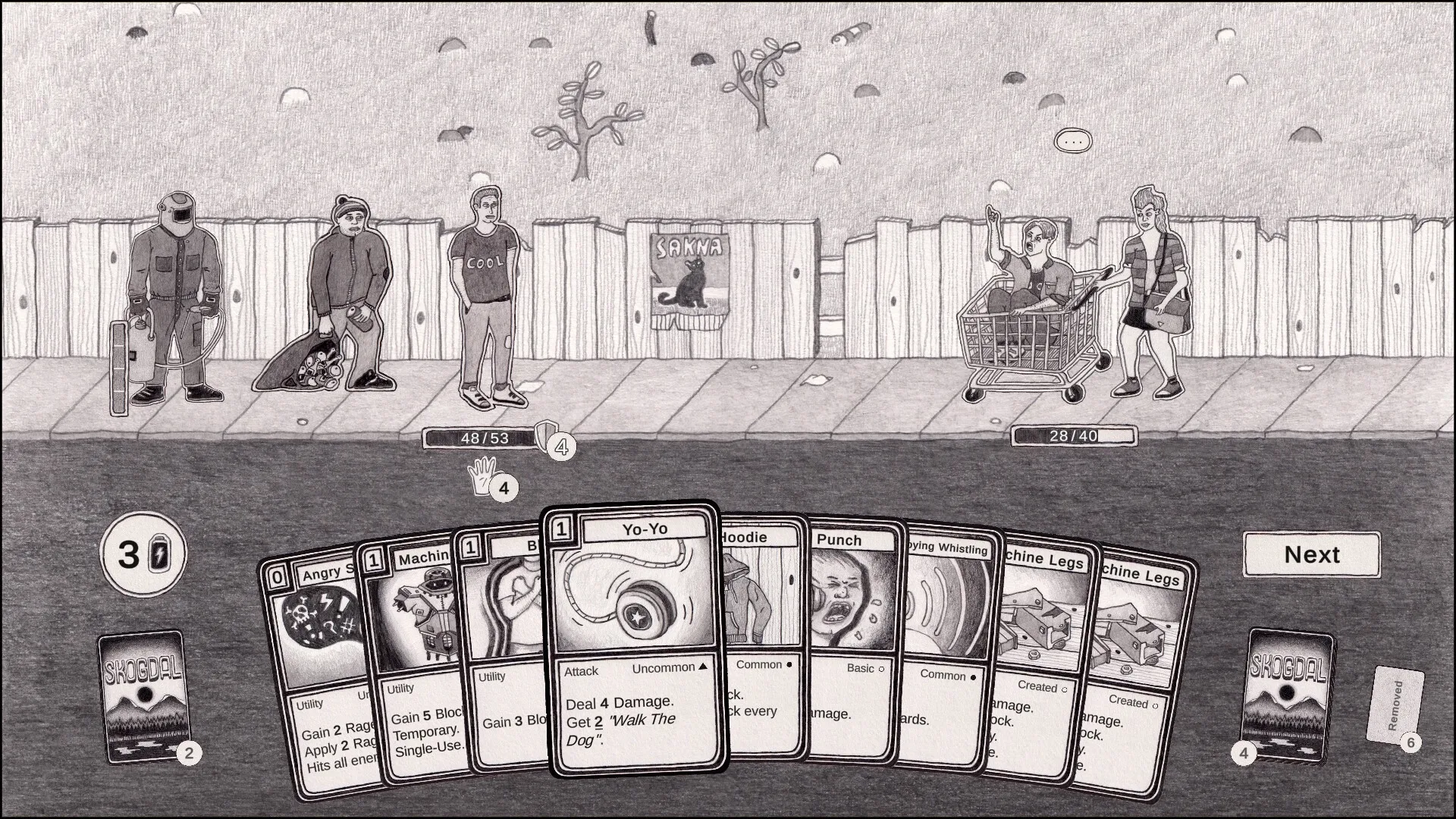 Skogdal: Street confrontation with five characters and cards displayed in a 90s Norwegian town setting