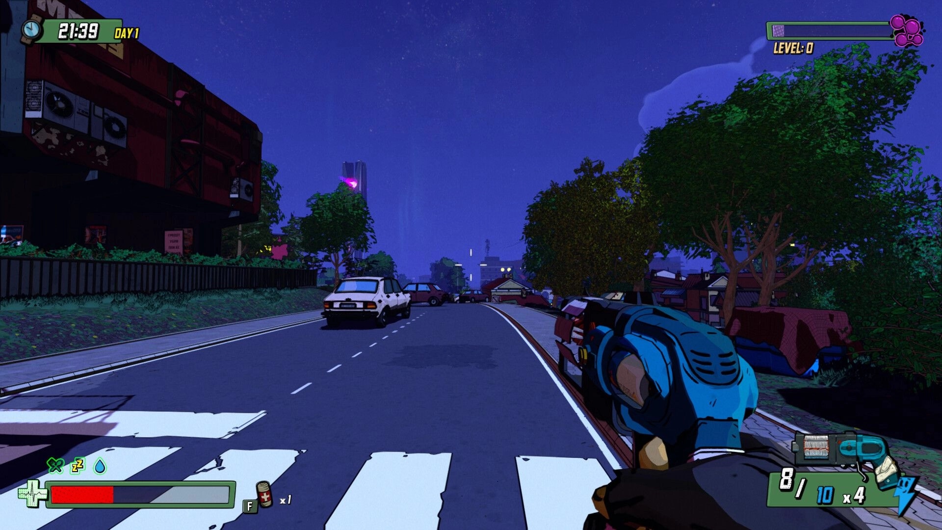 Skopje '83: Player aiming weapon down a city street at night, with UI showing health and ammo levels.