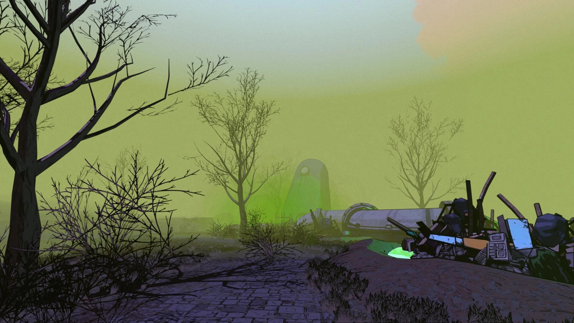 Skopje '83: Desolate landscape with eerie green fog and scattered debris in a post-apocalyptic setting.