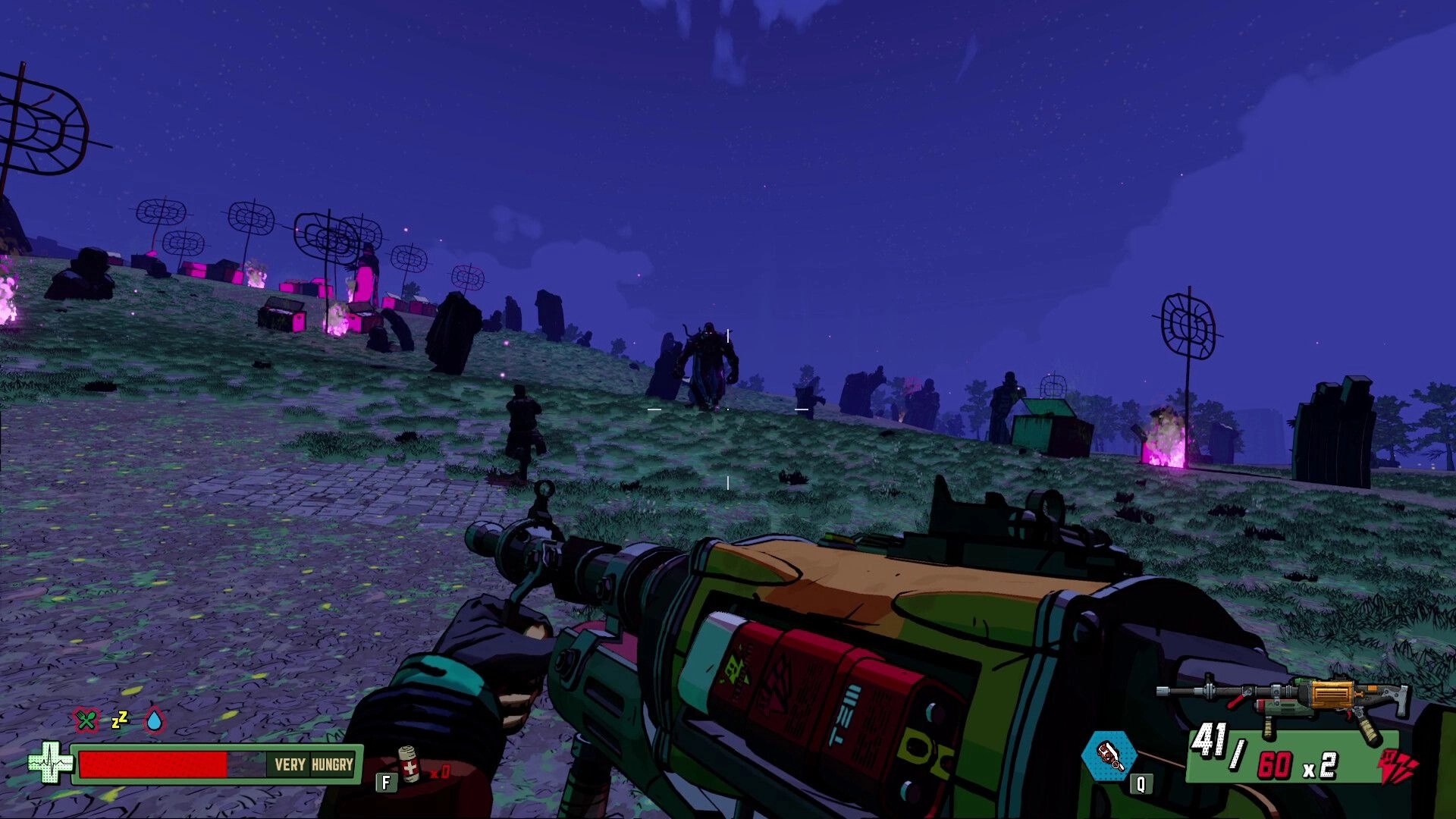Skopje '83: First-person view aiming at enemies on a grassy hill under a night sky with pink flames.