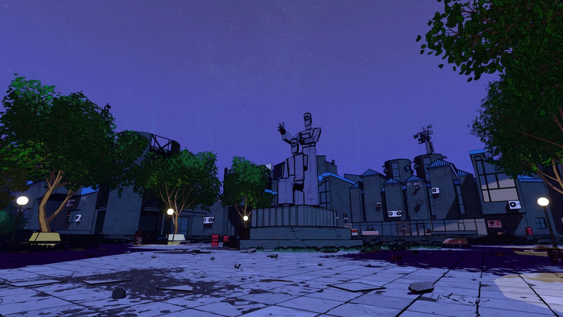 Skopje '83: Monumental statue in an empty urban plaza surrounded by industrial buildings at dusk.