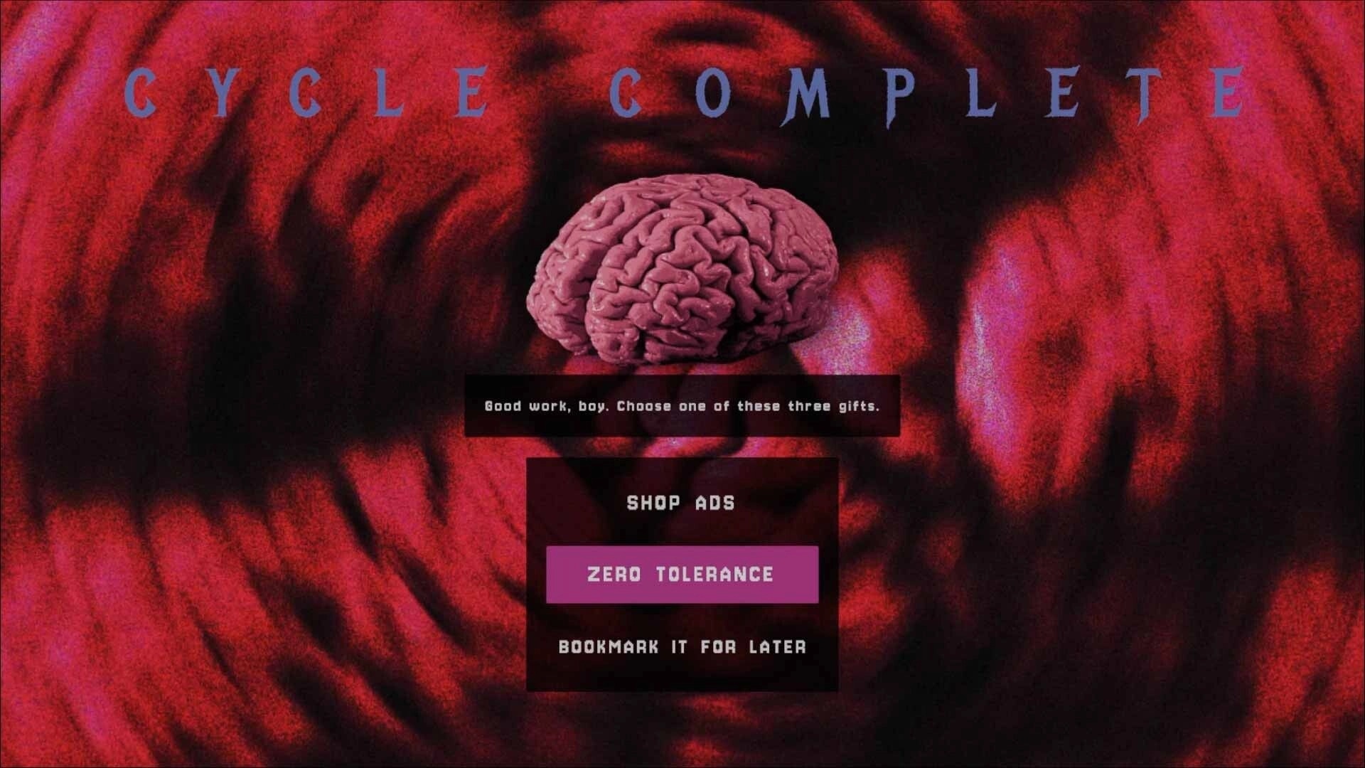 SKROLL: Cycle complete reward screen with floating brain and three choice buttons on red background.
