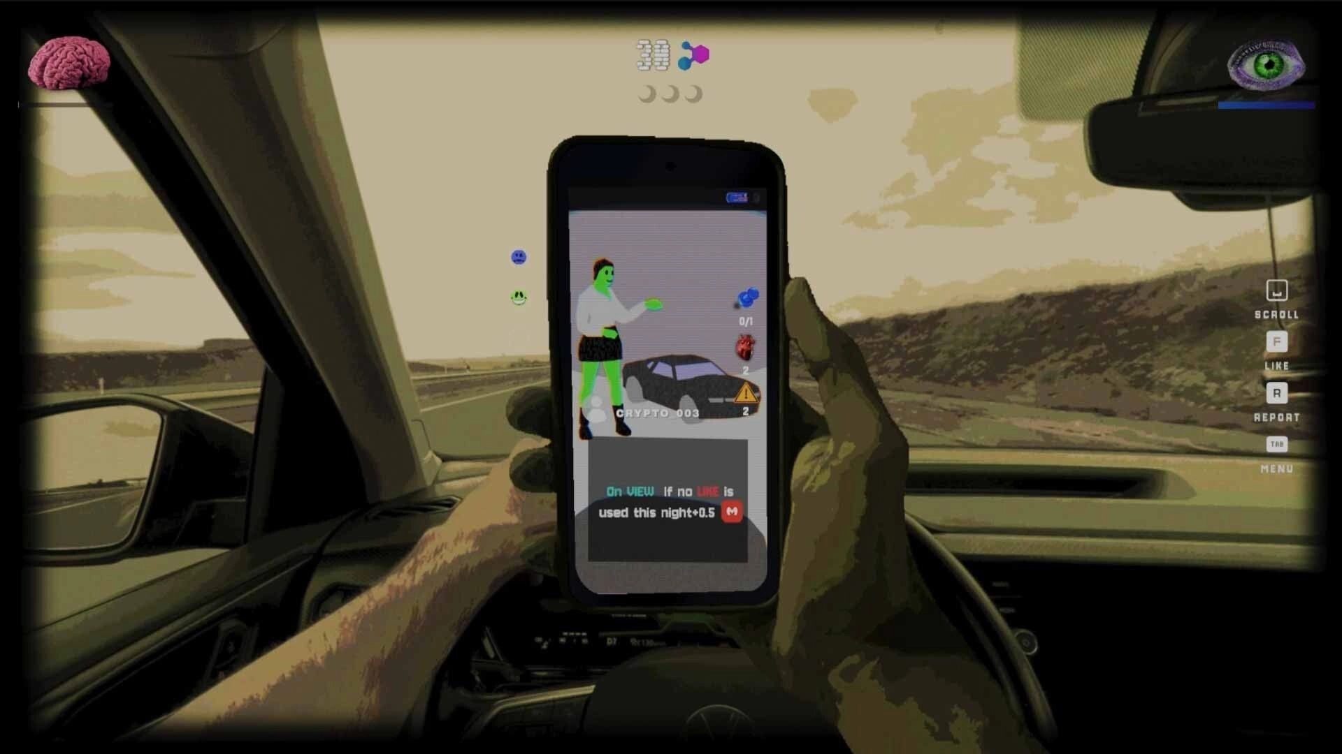 SKROLL: Holding a phone with a crypto post and like/report UI while driving on a desert highway.
