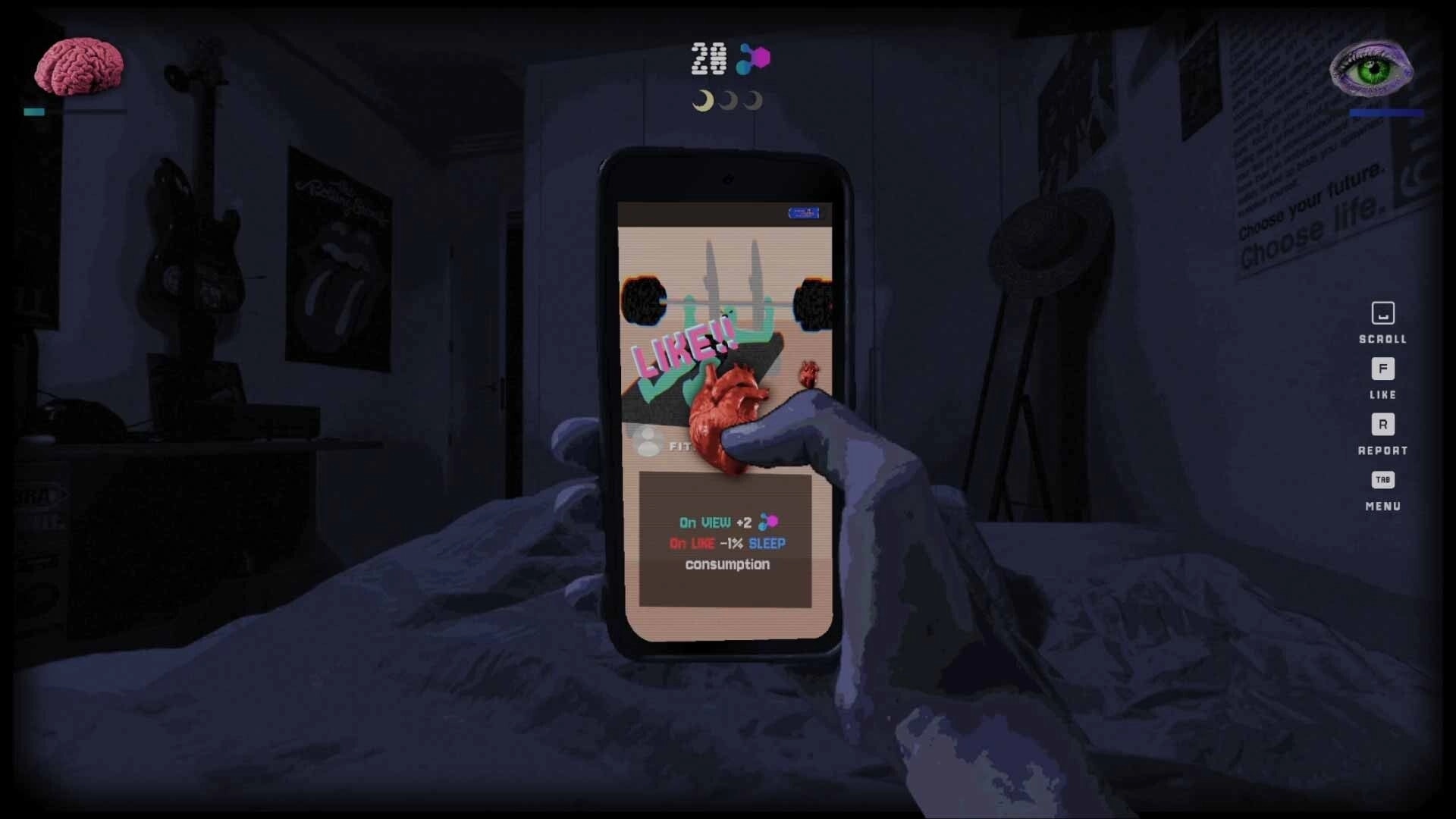 SKROLL: Hand holds phone and taps LIKE on a post while lying in bed in a dark bedroom UI.
