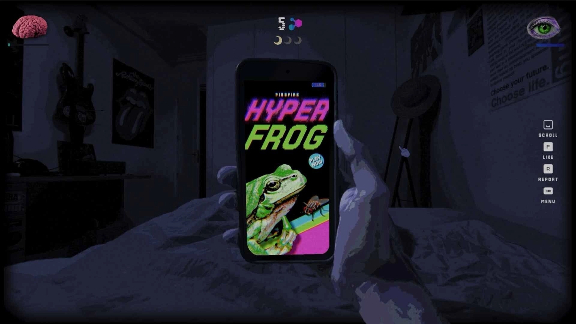 SKROLL: Holding a phone on bed showing HYPER FROG ad, with brain and eye meters in dark room.