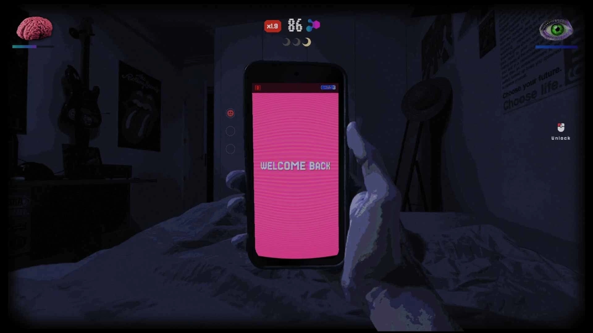 SKROLL: Hands hold a phone reading WELCOME BACK in a dark bedroom with brain and eye meters UI.