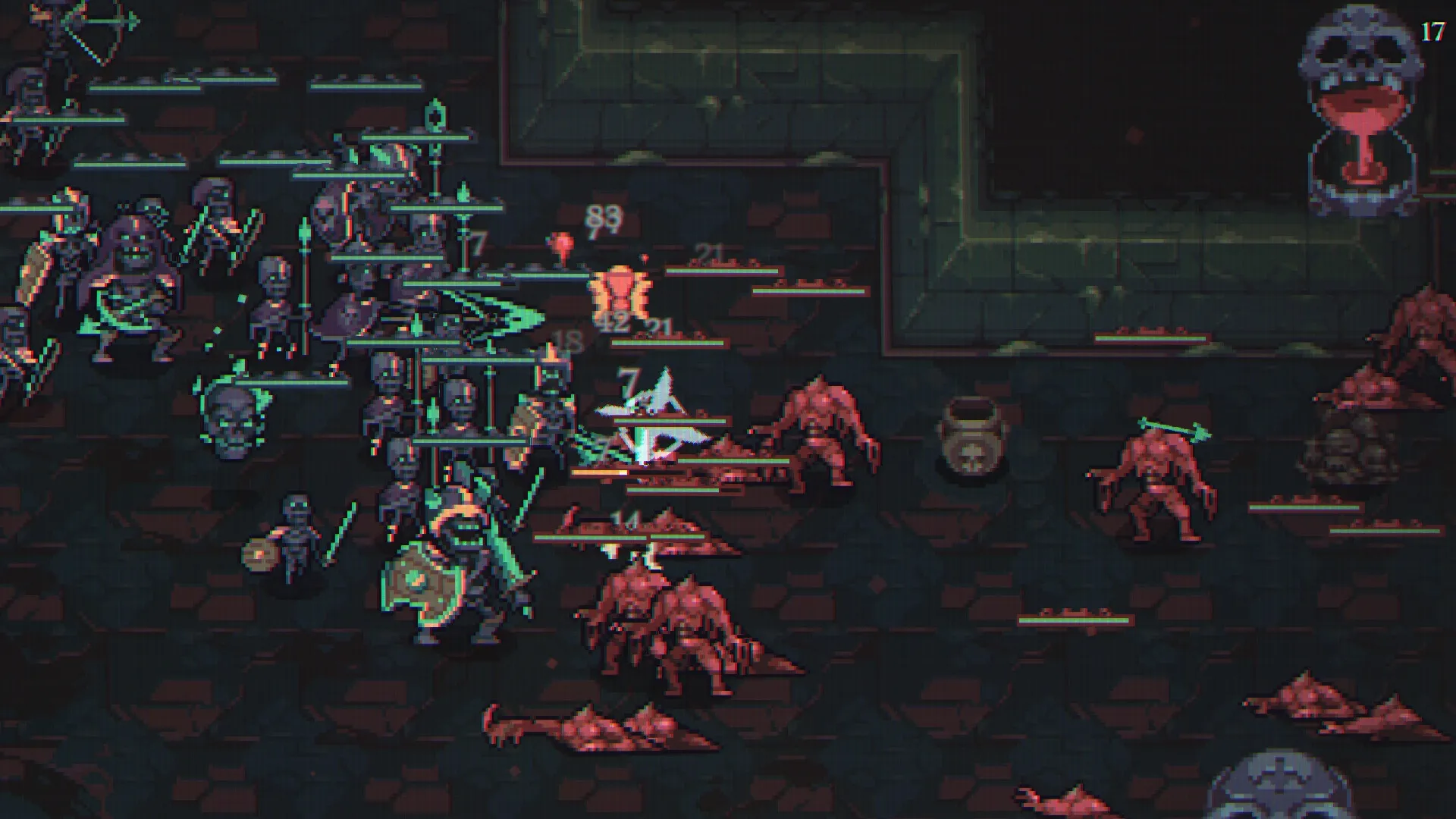 Skull Horde: Skeleton army battles red monsters in a dark dungeon environment with health bars visible