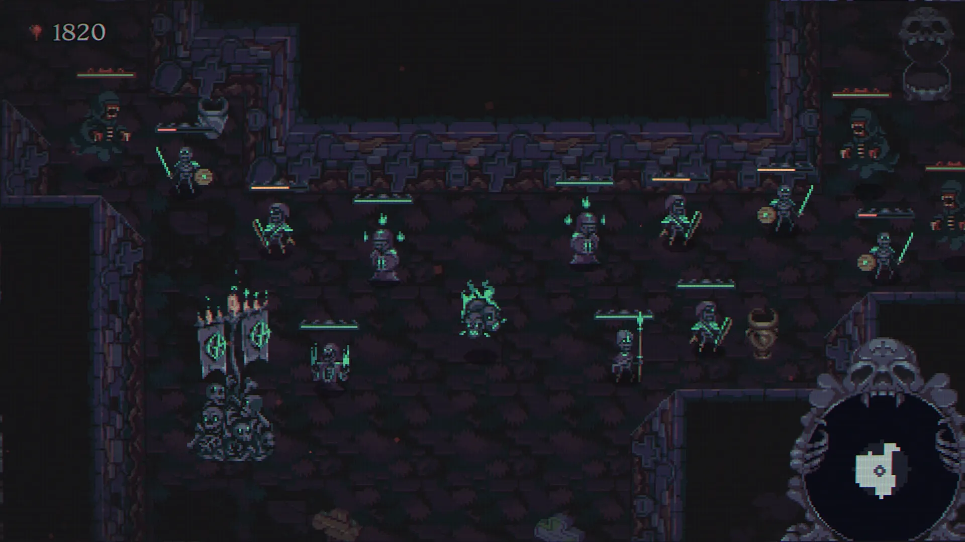 Skull Horde: Necromancer commands skeletons in dark dungeon with health bar and mini-map displayed