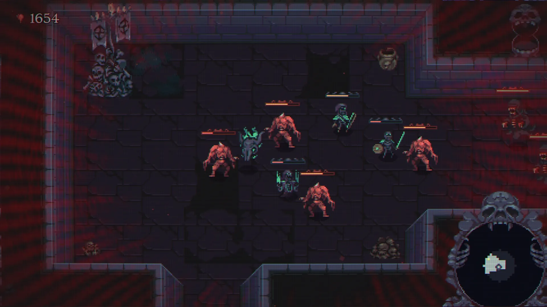 Skull Horde: Skeletons and monsters battle in a dark dungeon with a skull-themed minimap display