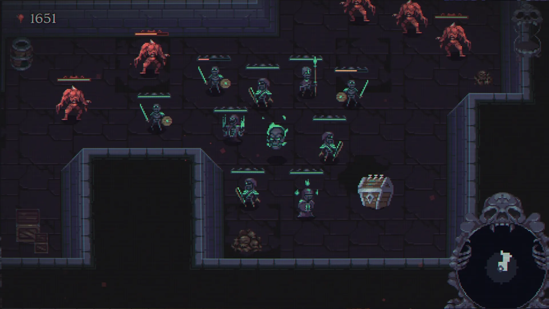 Skull Horde: Necromancer leads skeleton army against red monsters in dark dungeon with treasure chest