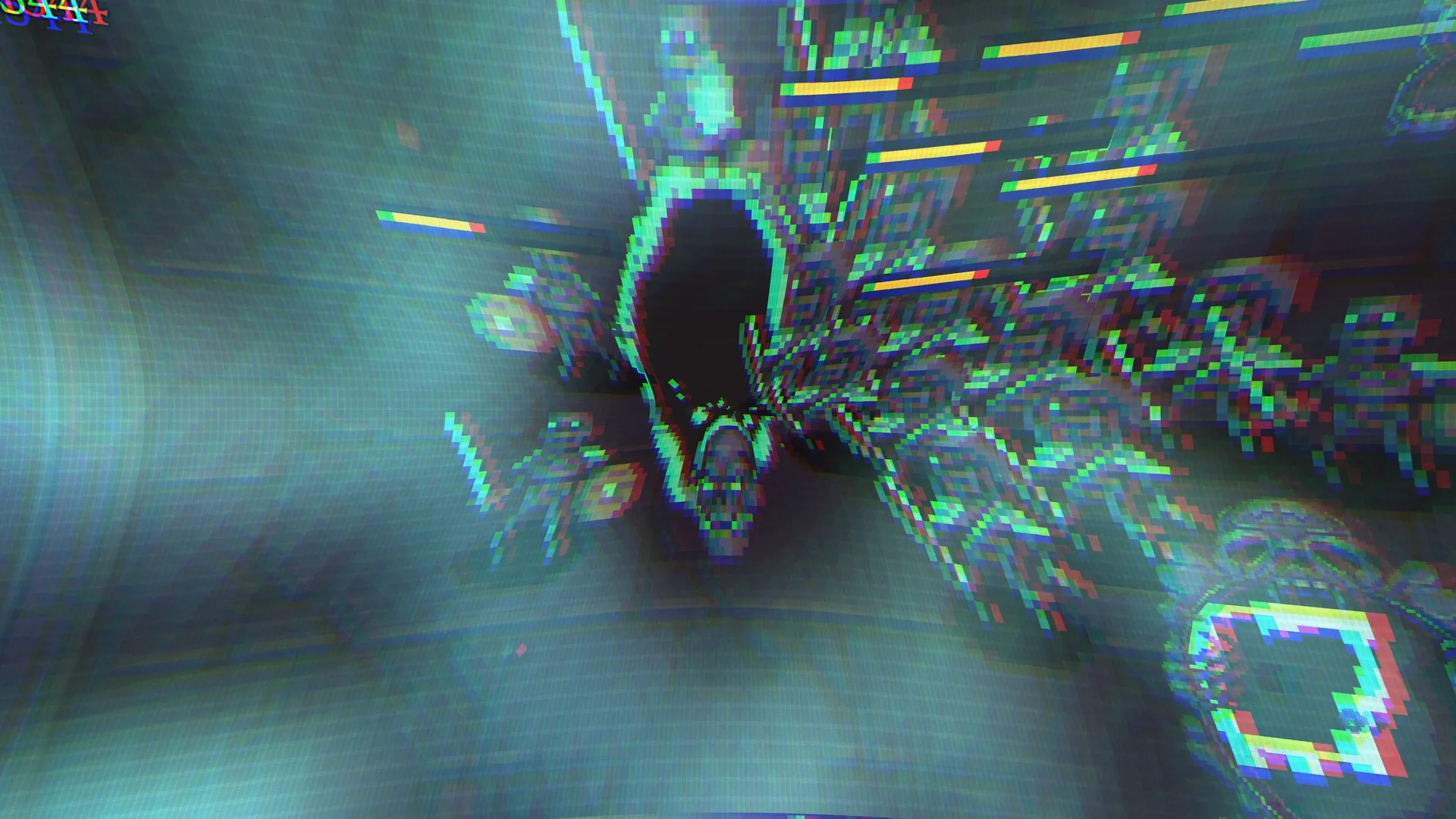 Skull Horde: Flying skull necromancer leading pixelated skeletons in a distorted, glitchy dungeon environment