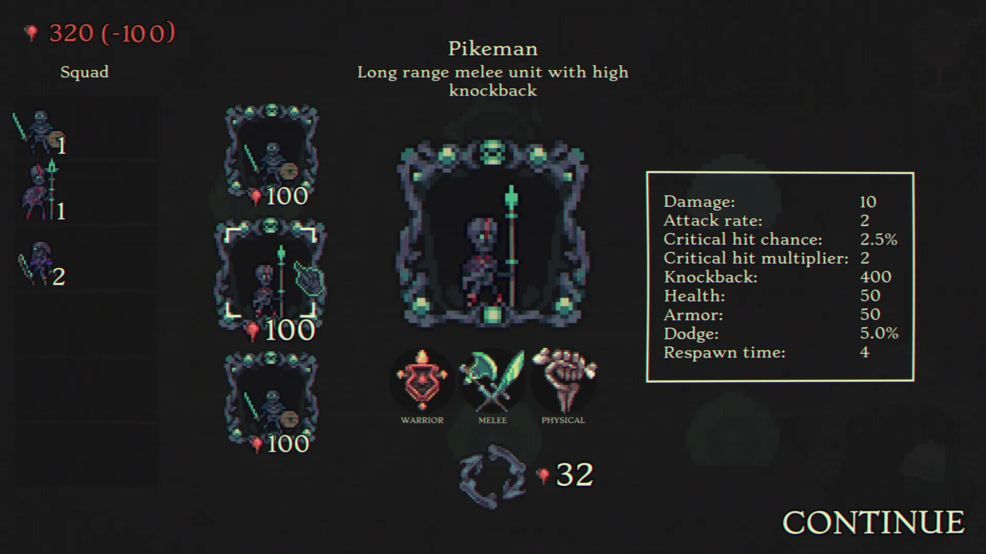 Skull Horde: Unit selection screen displaying Pikeman stats and squad roster in dark dungeon interface