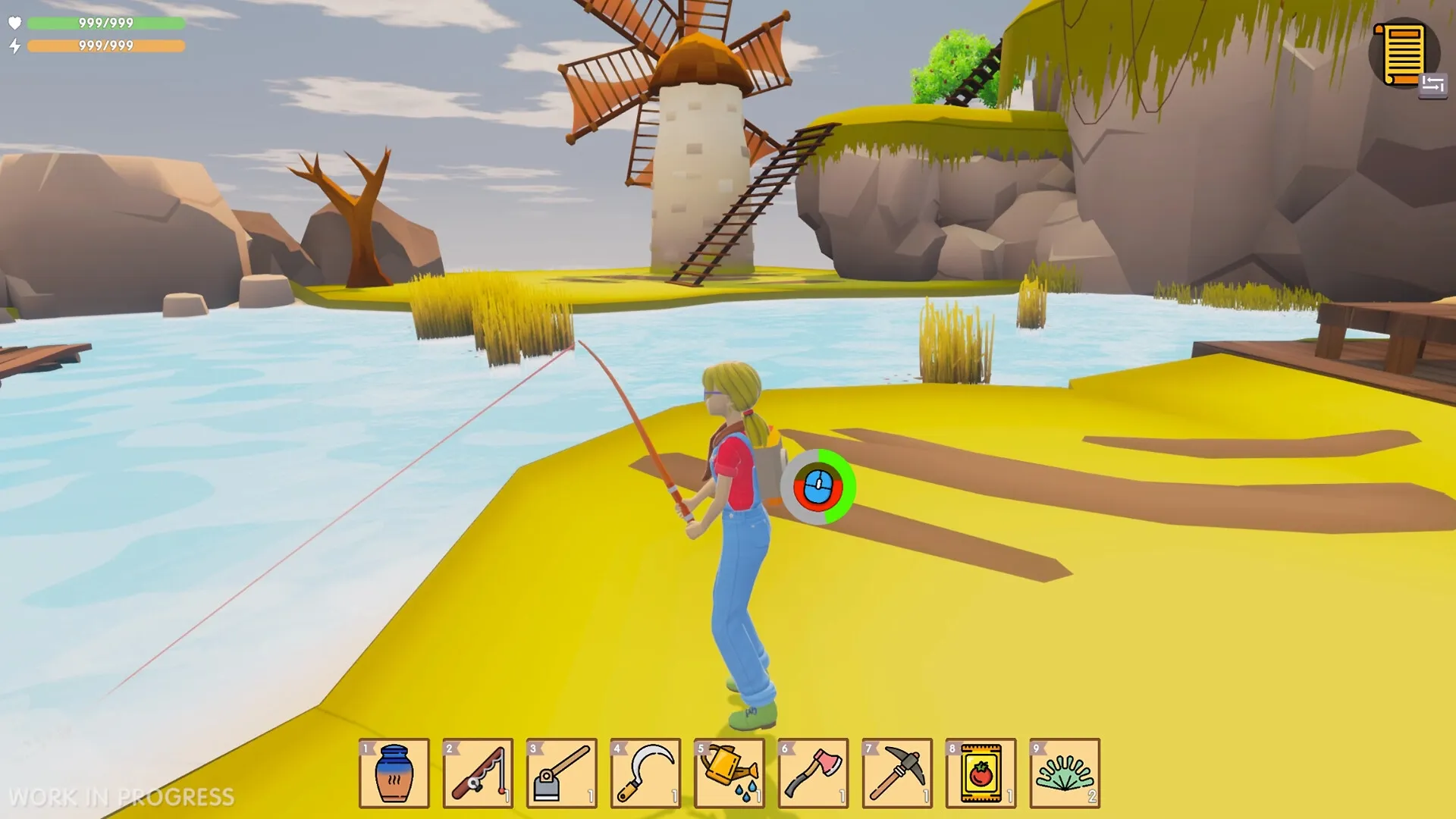 Sky Harvest: Character fishing by river with windmill and inventory tools in floating island setting