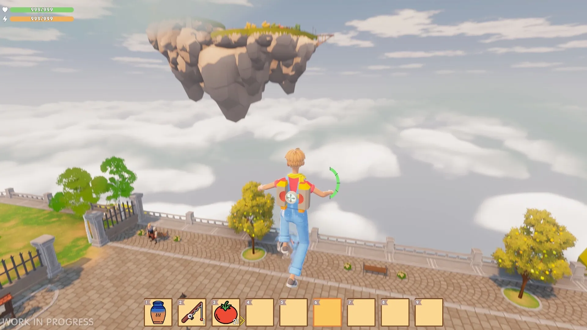 Sky Harvest: Character jumps towards floating island with inventory bar and health meter in view