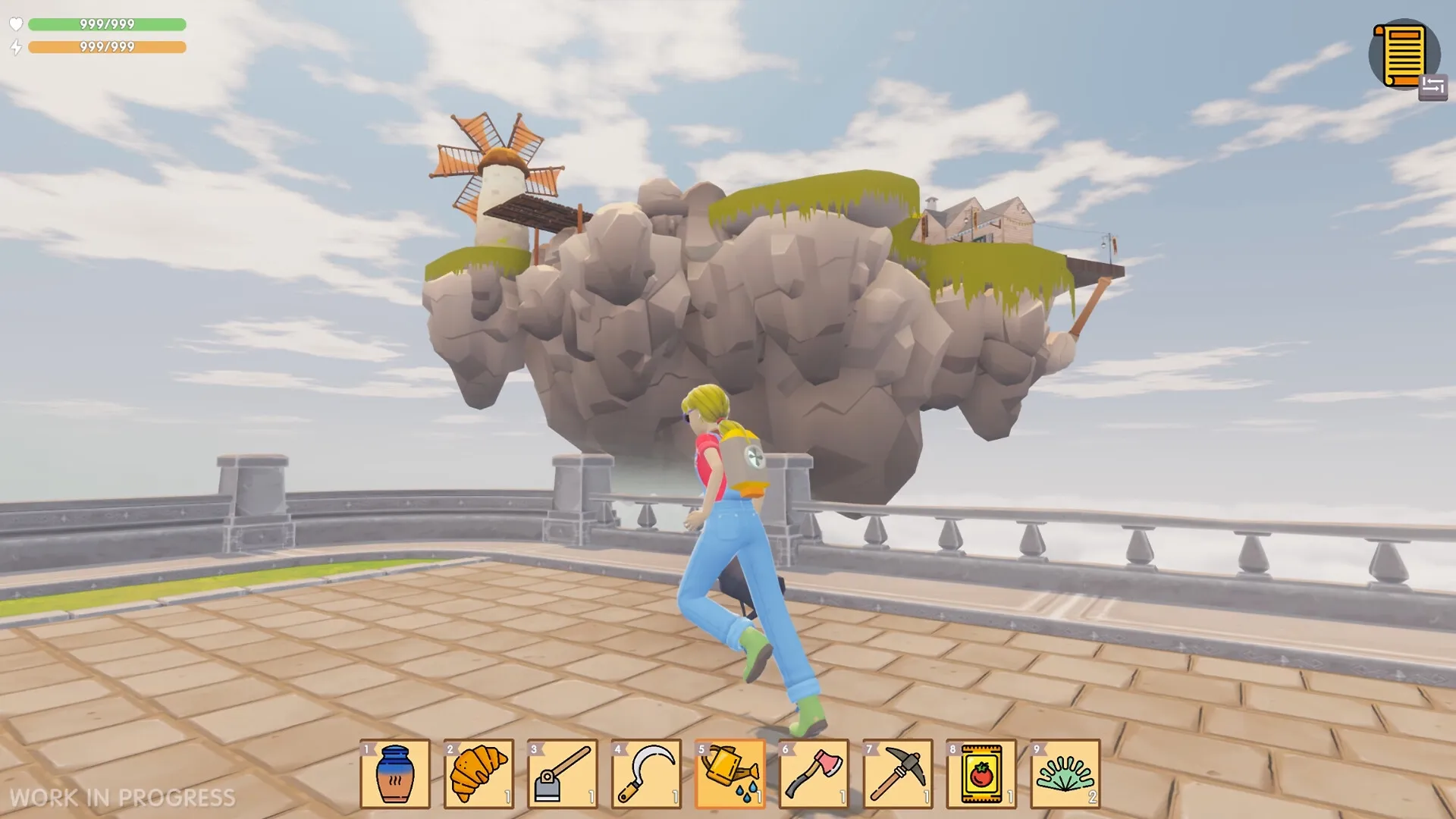 Sky Harvest: Character running on floating island with windmill, inventory icons at bottom of screen