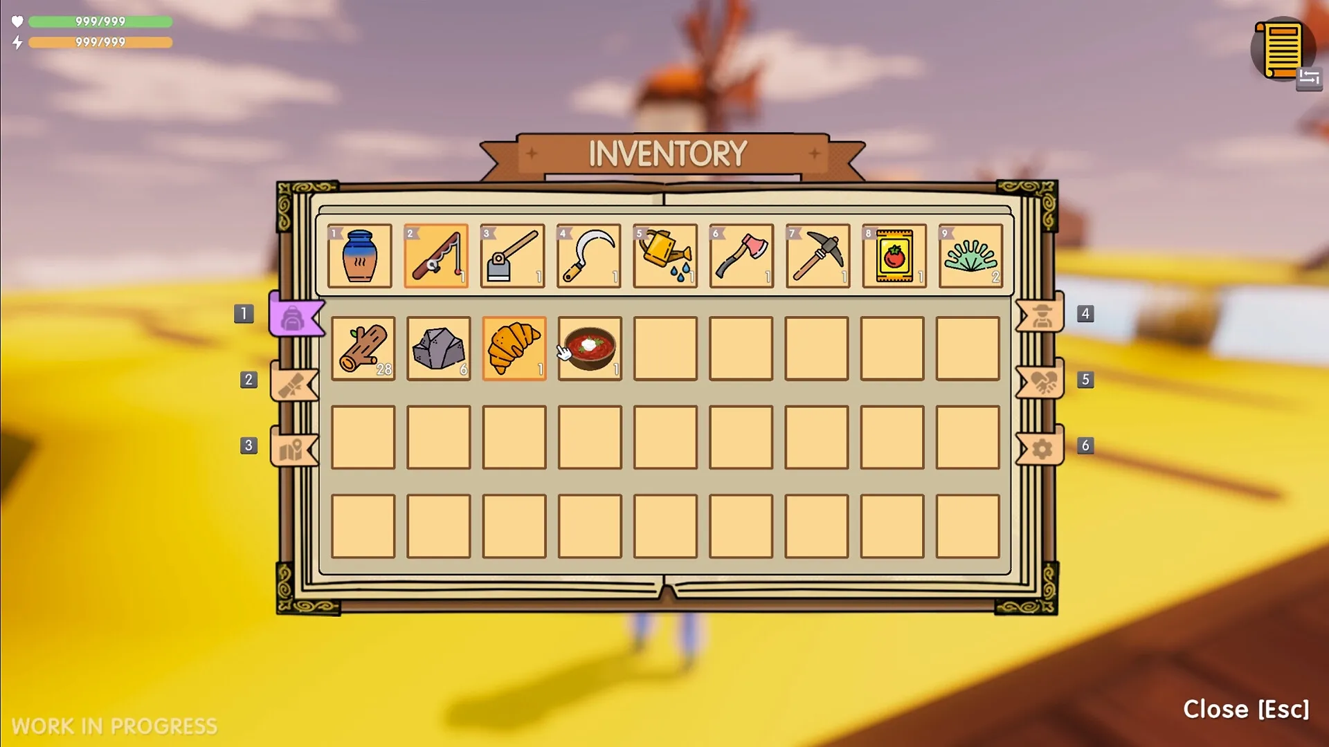 Sky Harvest: Inventory menu with tools and resources, set against a sunny floating island background