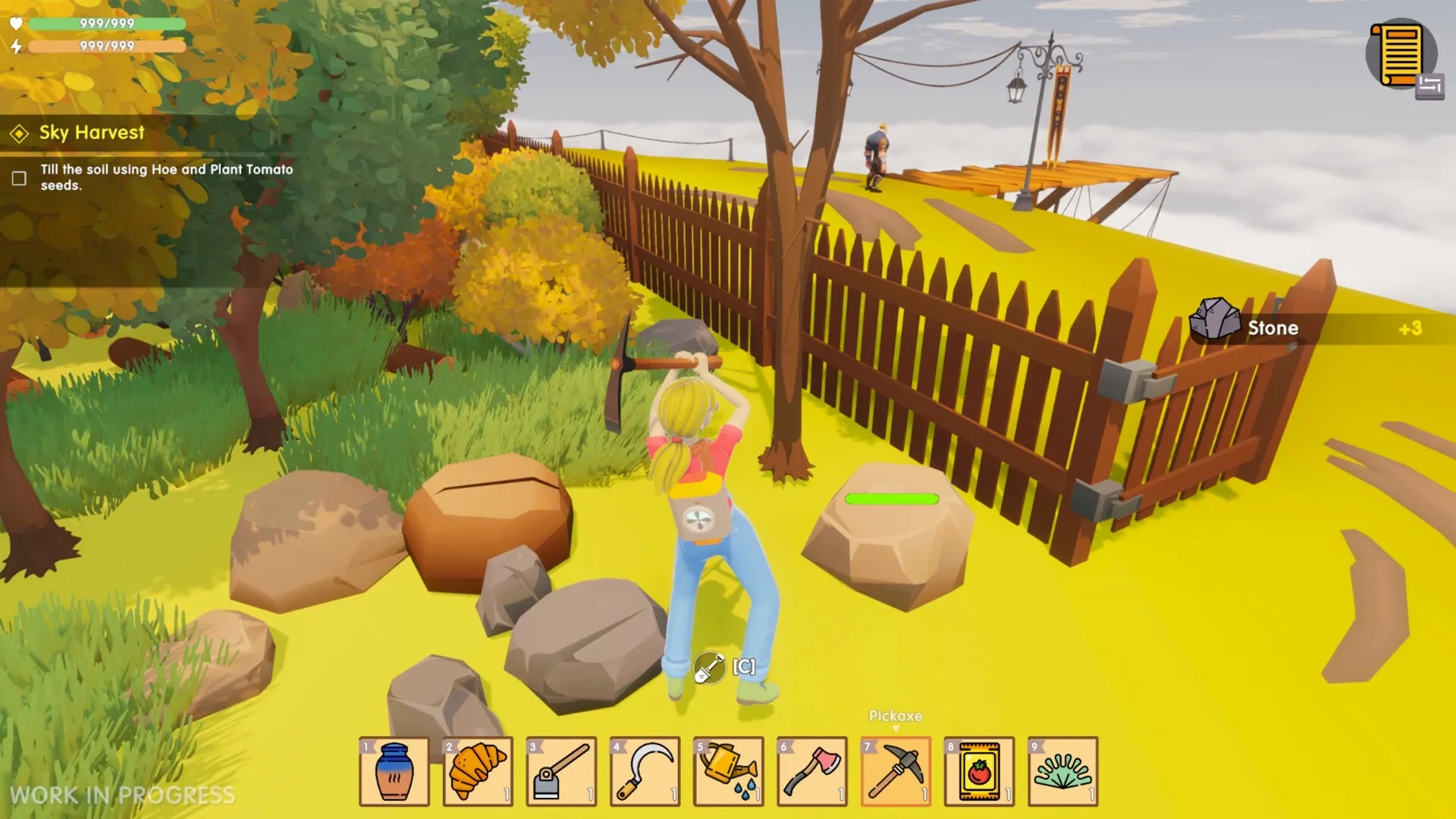 Sky Harvest: Character uses pickaxe on rocks near a wooden fence in a lush, colorful island setting.
