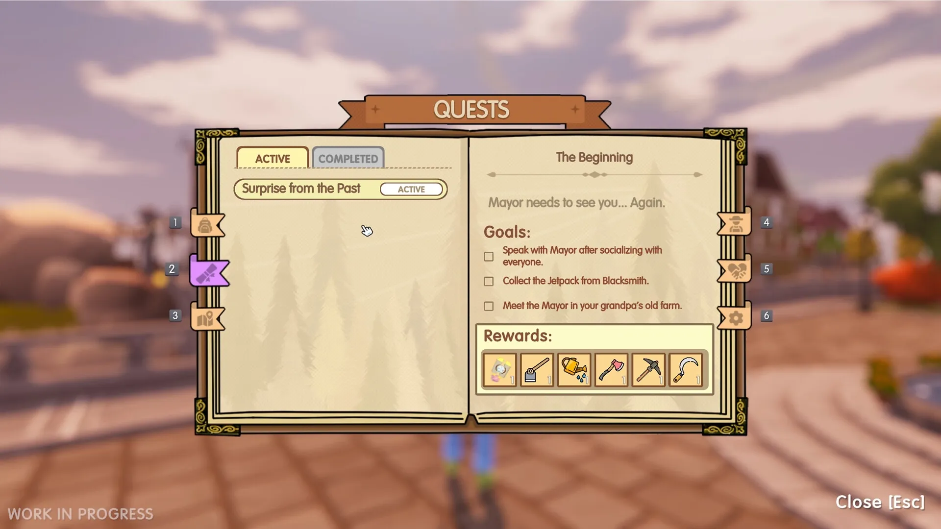 Sky Harvest: Quest menu detailing "Surprise from the Past" with goals and rewards on a floating island.