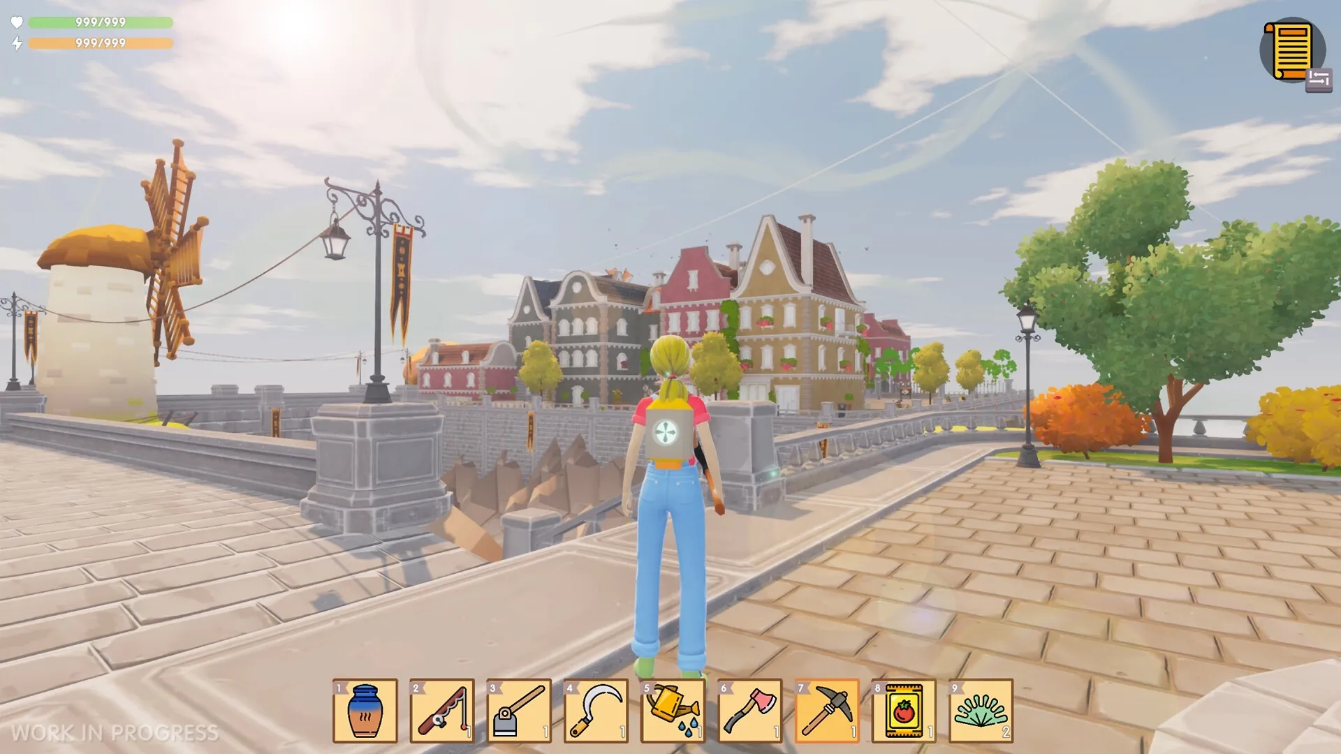 Sky Harvest: Player character stands on a bridge overlooking a village with inventory tools displayed