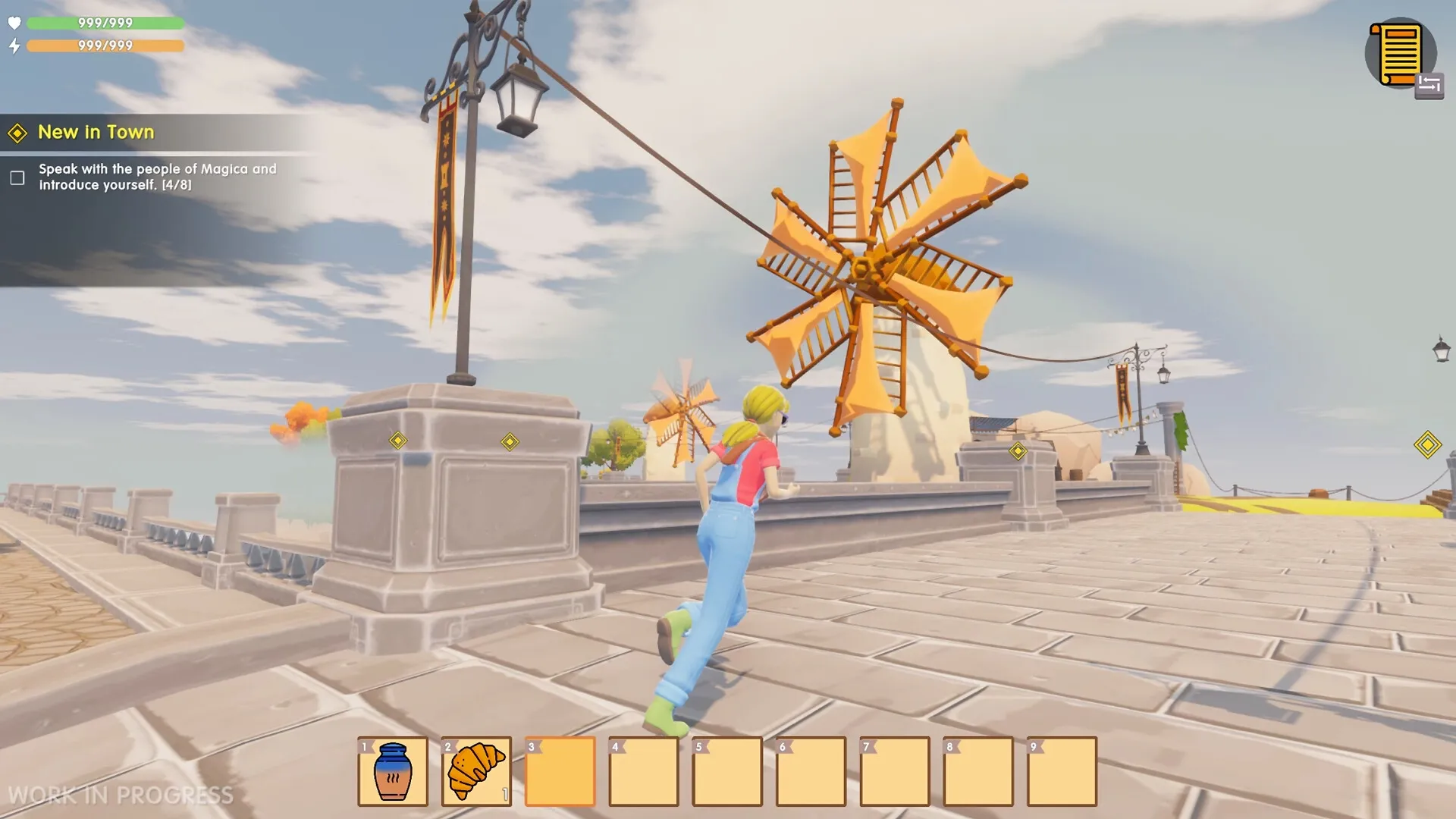 Sky Harvest: Player explores floating island bridge with windmills and quest UI on screen