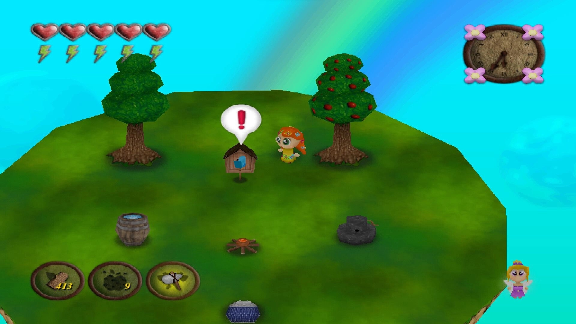 SKY WORLD 64: Character near birdhouse with exclamation mark on floating island with trees and resources.