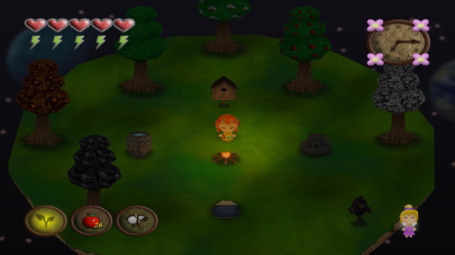 SKY WORLD 64: Character by campfire on a floating island with trees, inventory icons, and health display.
