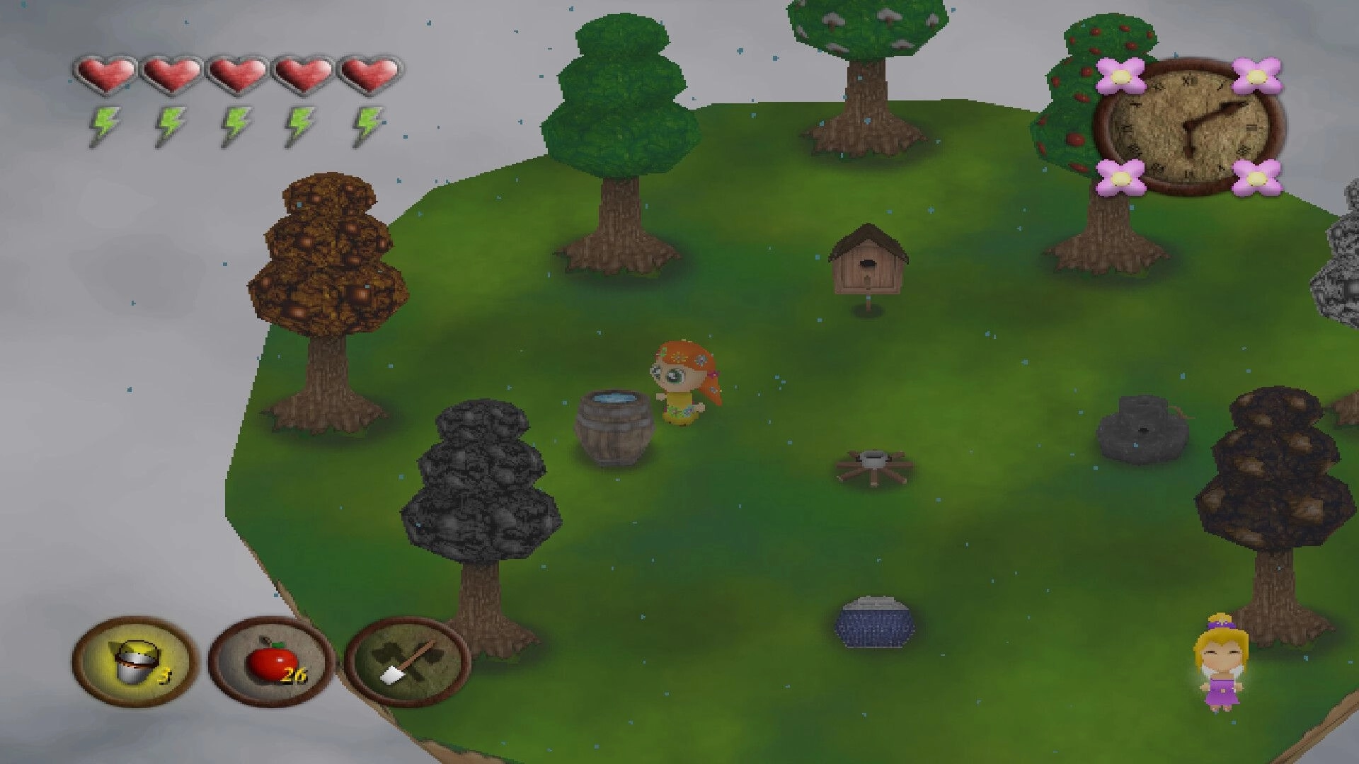 SKY WORLD 64: Two characters explore floating island with trees, barrel, clock, and inventory icons.