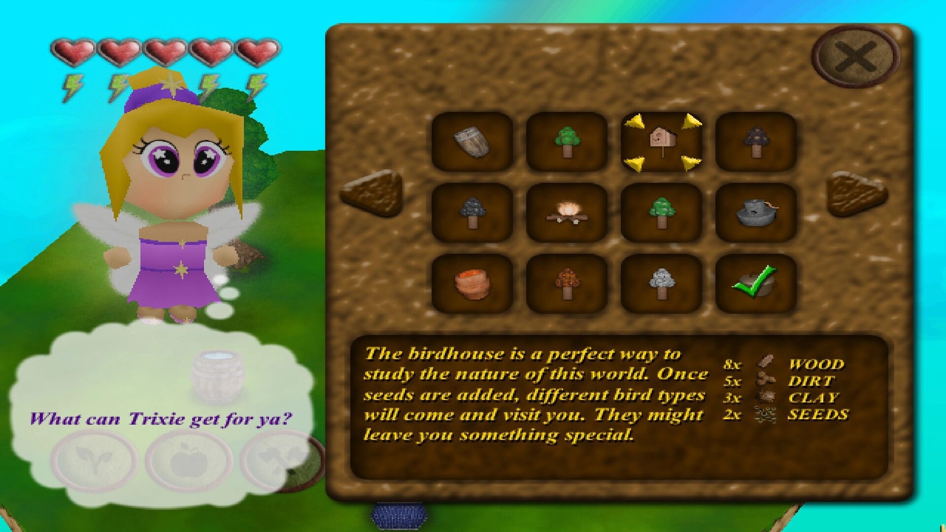 SKY WORLD 64: Trixie offers help next to crafting menu on a floating island in bright blue sky.