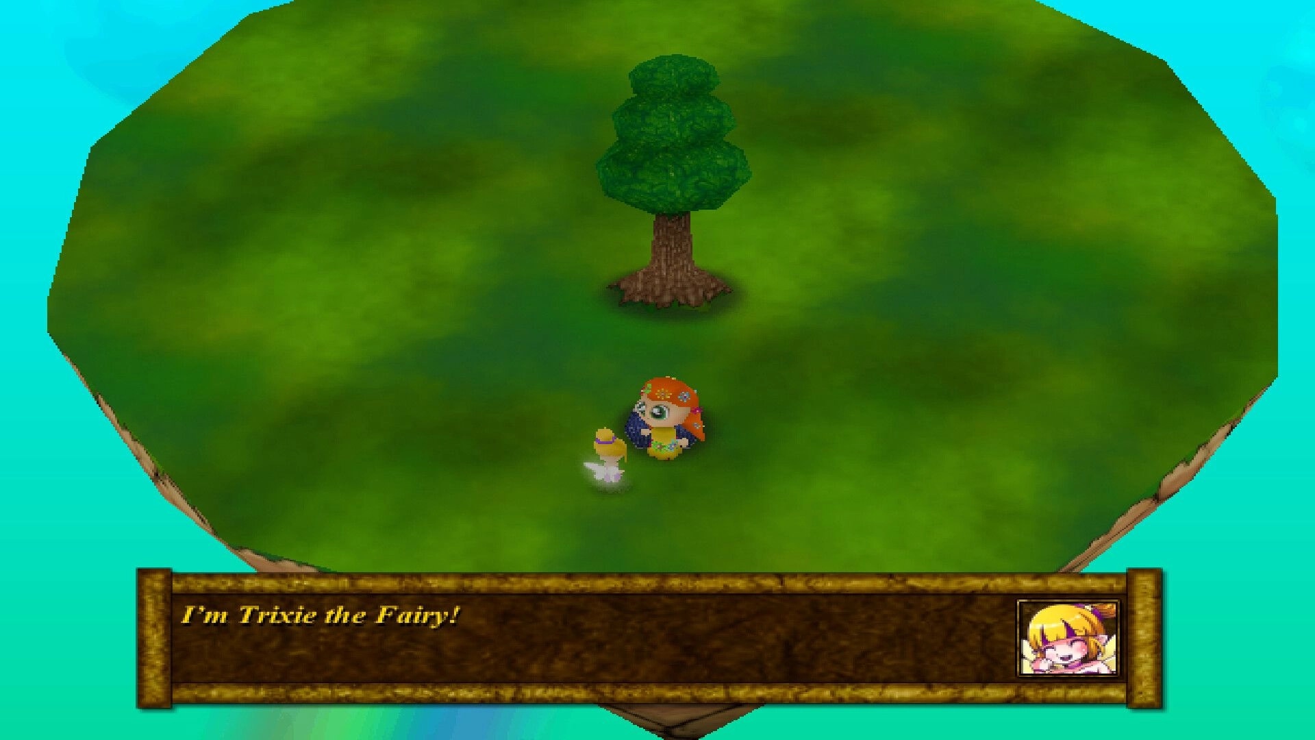 SKY WORLD 64: Character meeting Trixie the Fairy on a grassy floating island with a single tree.