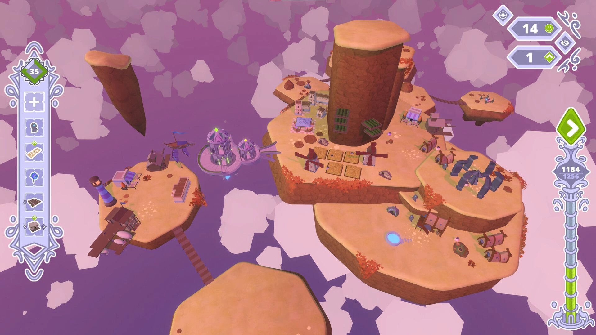 Skykipelago: Floating islands with buildings, resource icons, and UI elements in a purple sky setting.