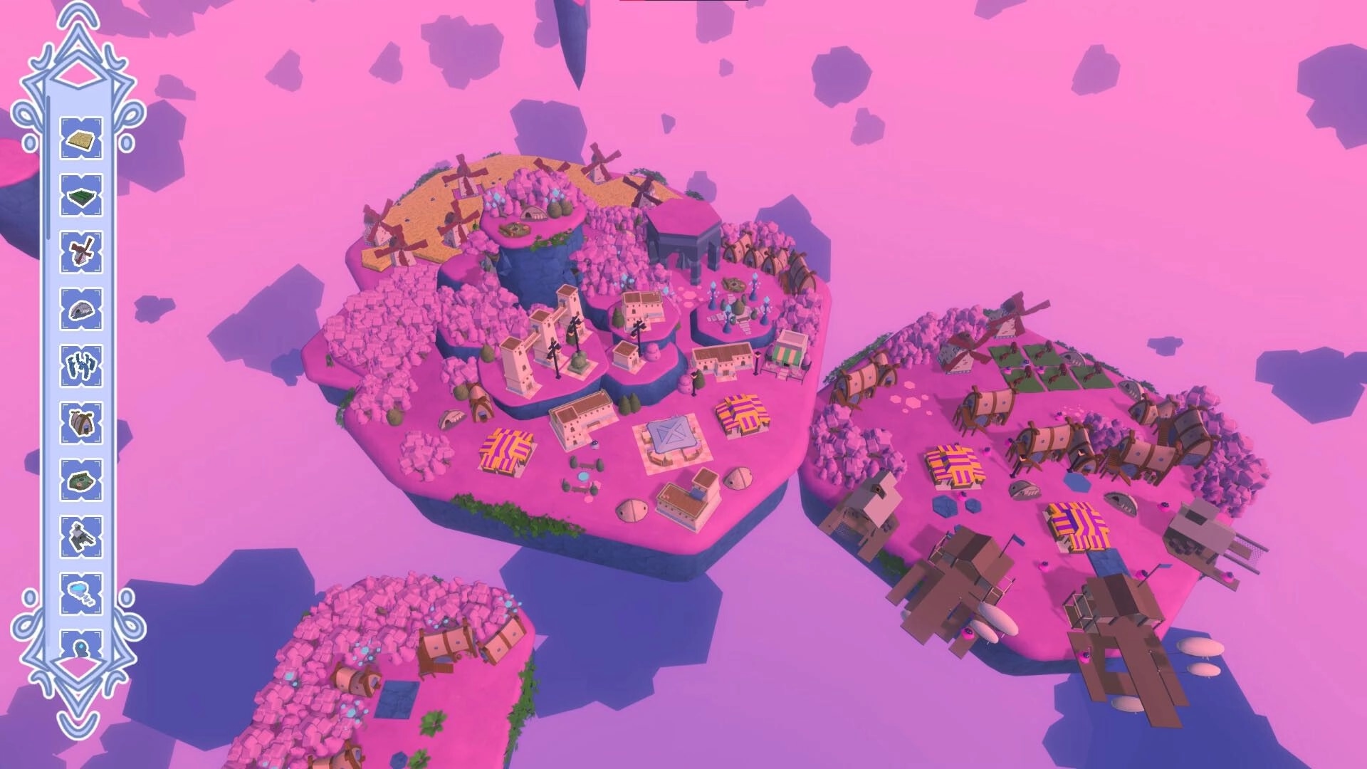 Skykipelago: Two floating islands with windmills and colorful buildings under a pink sky, UI icons on left