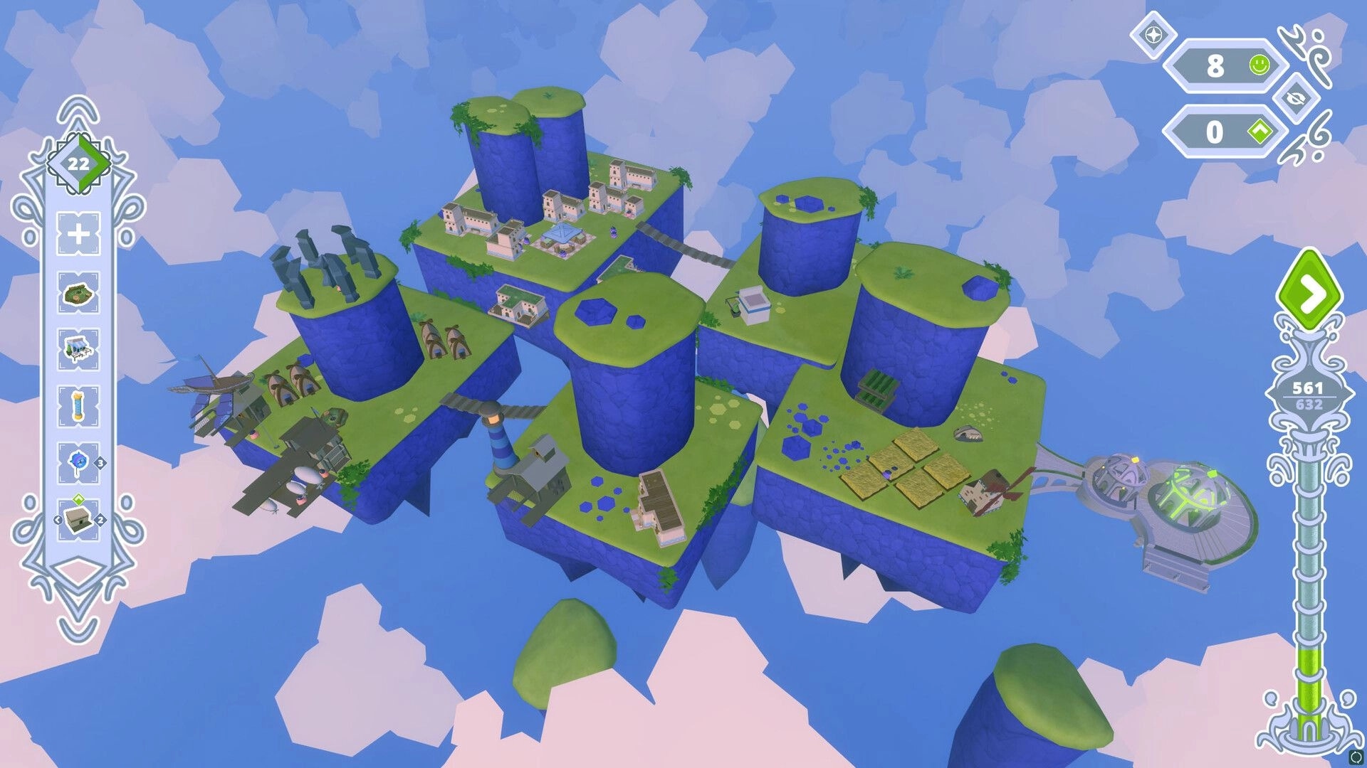 Skykipelago: Floating city islands with buildings and bridges, surrounded by sky with UI elements visible.