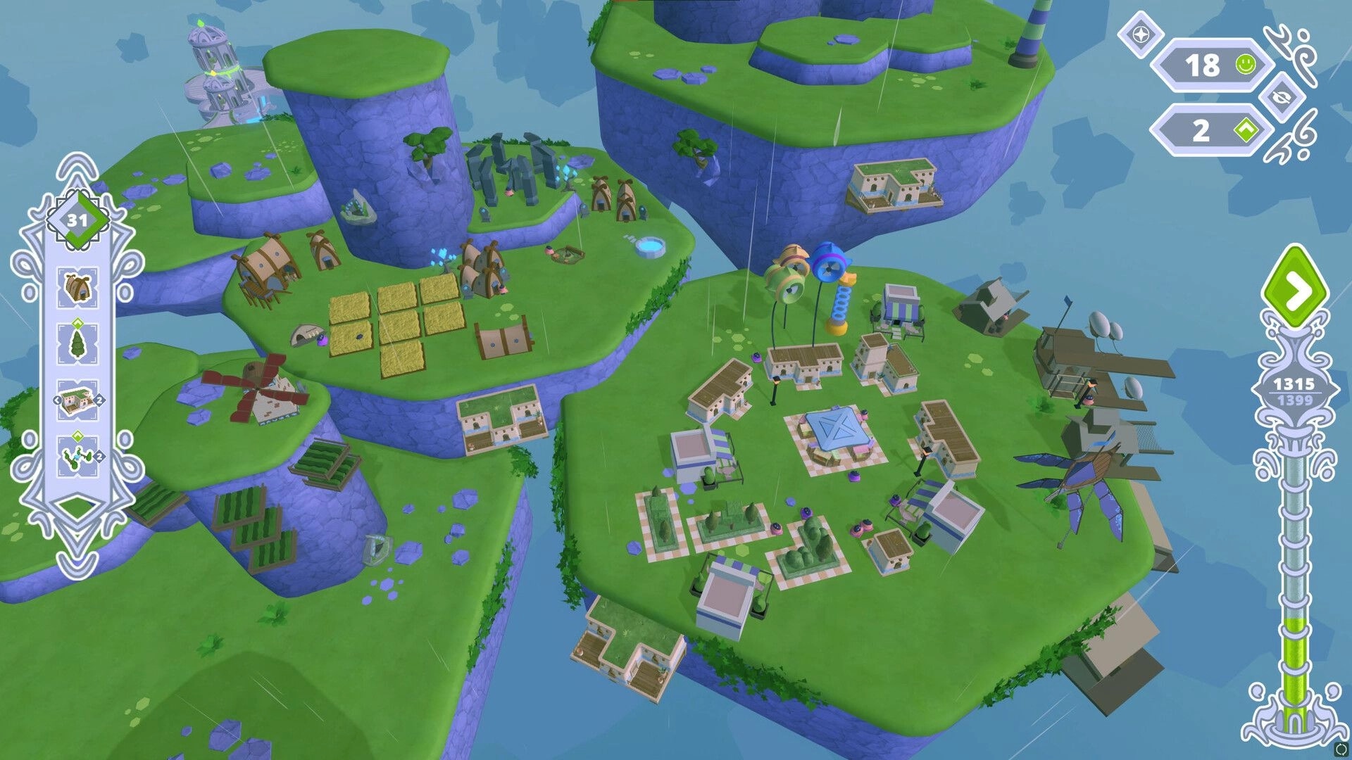 Skykipelago: Building and upgrading cities on floating islands with resource and happiness indicators visible