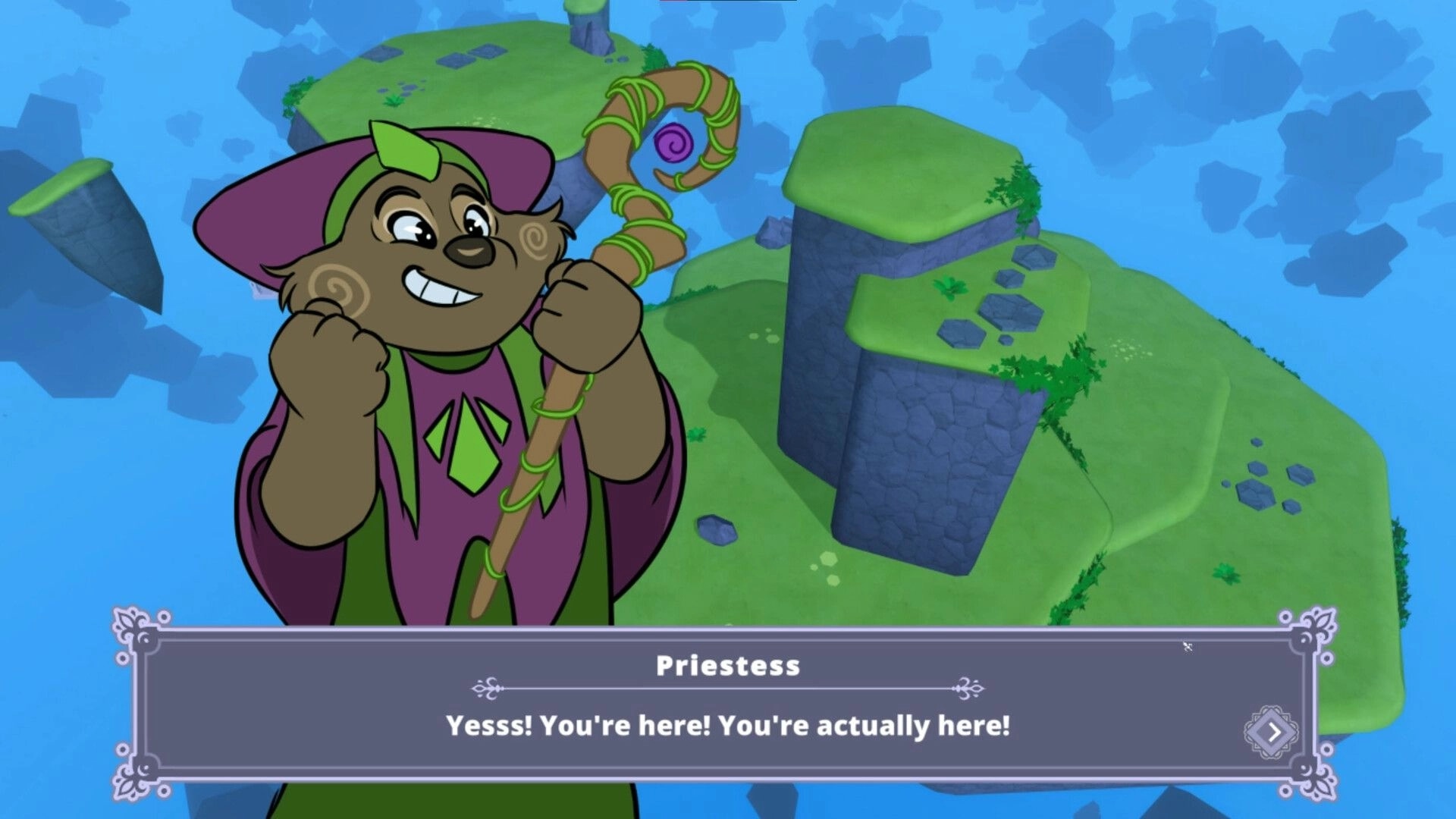 Skykipelago: Priestess character dialogue with floating green islands in the sky background