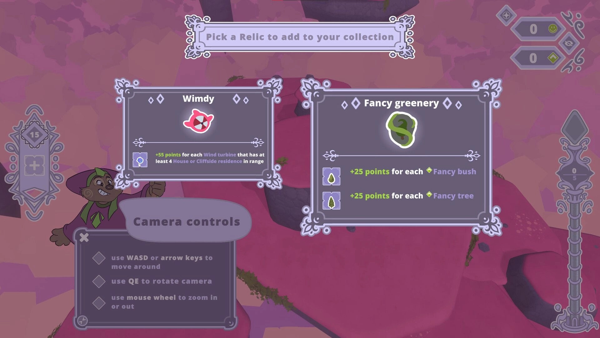 Skykipelago: Relic selection menu with options for Windy and Fancy greenery, plus camera controls guide