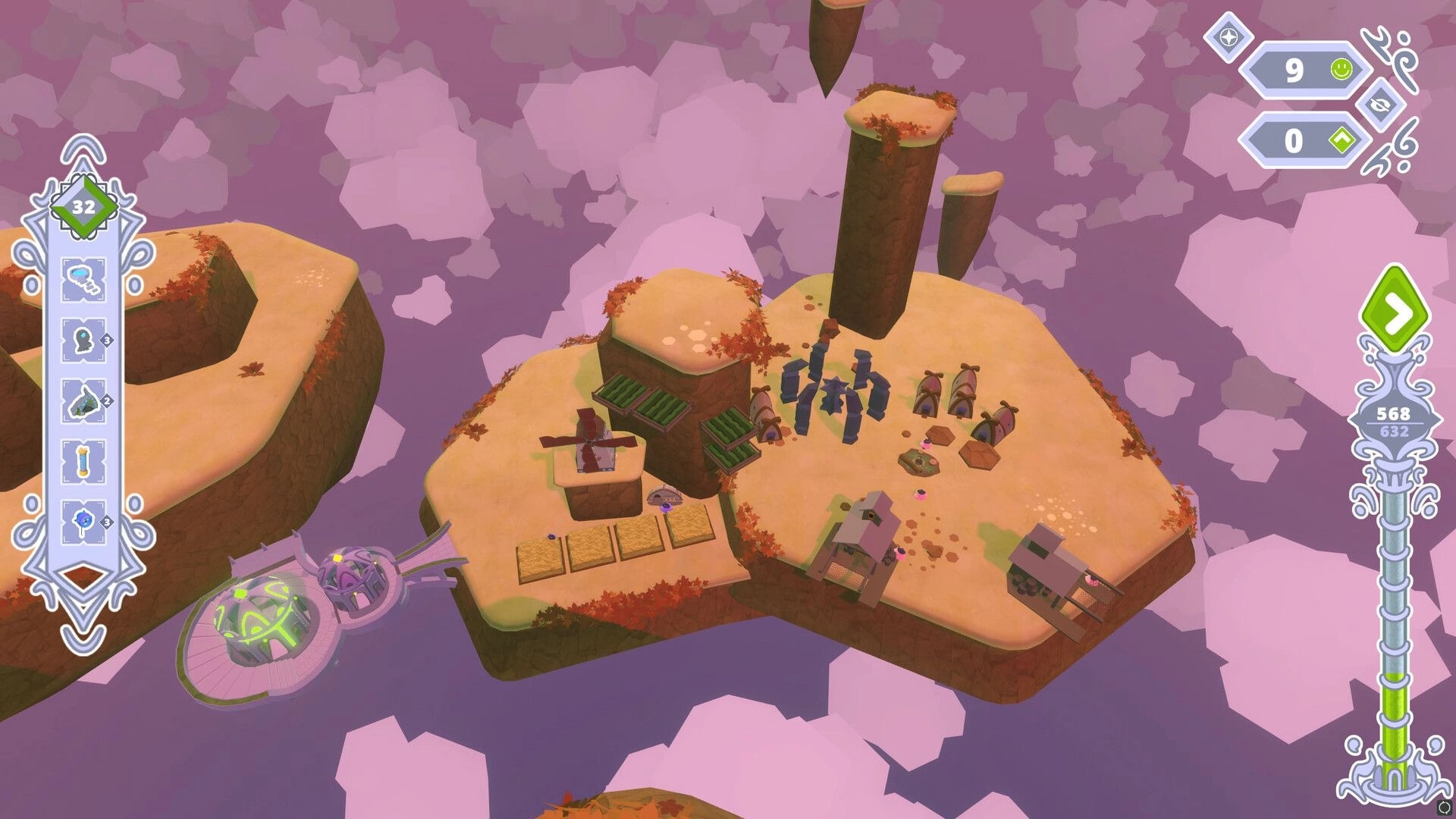 Skykipelago: Building development on floating island with UI showing resources and happiness levels