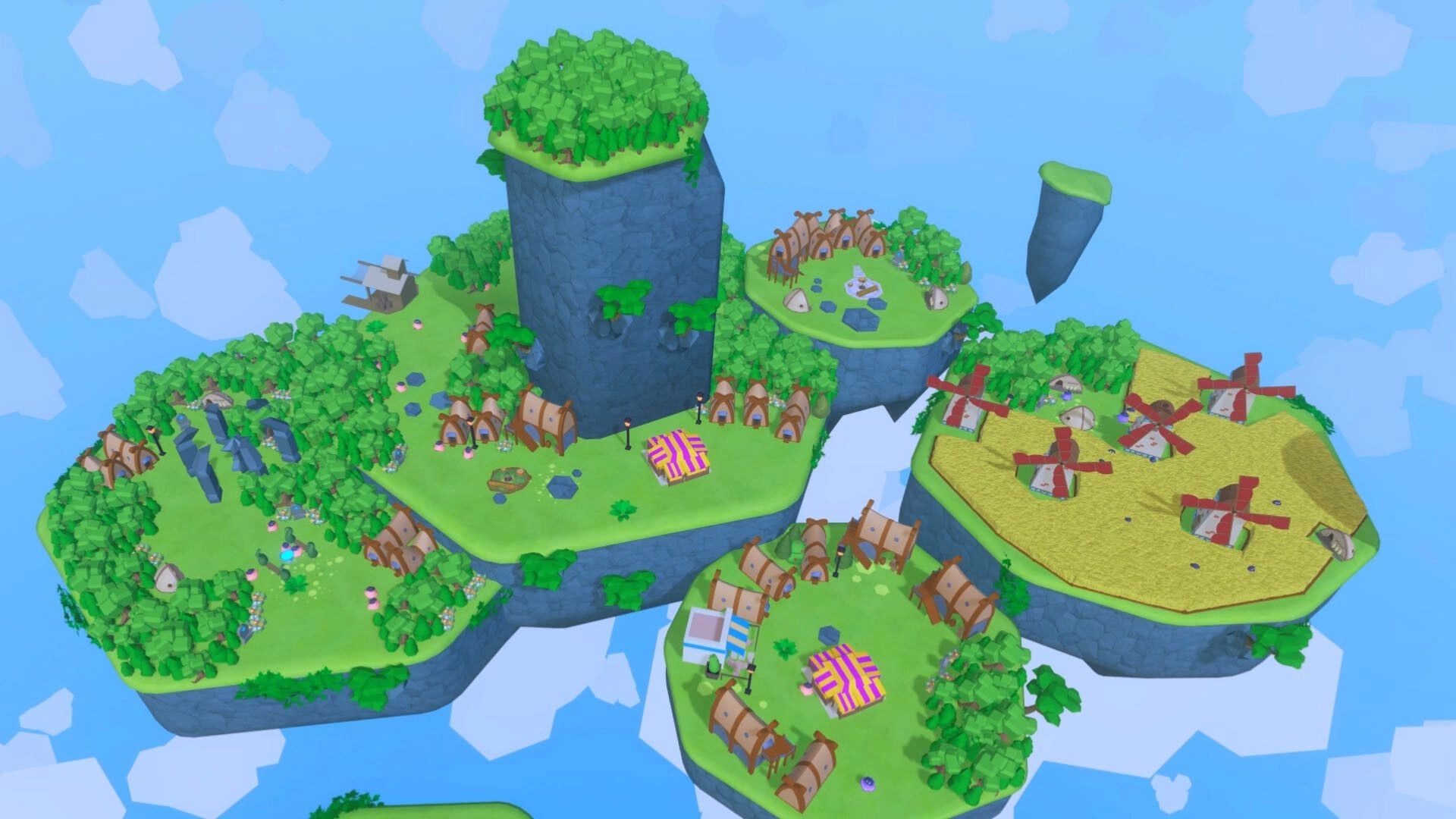 Skykipelago: Aerial view of vibrant island city with windmills and houses amid lush greenery and cliffs