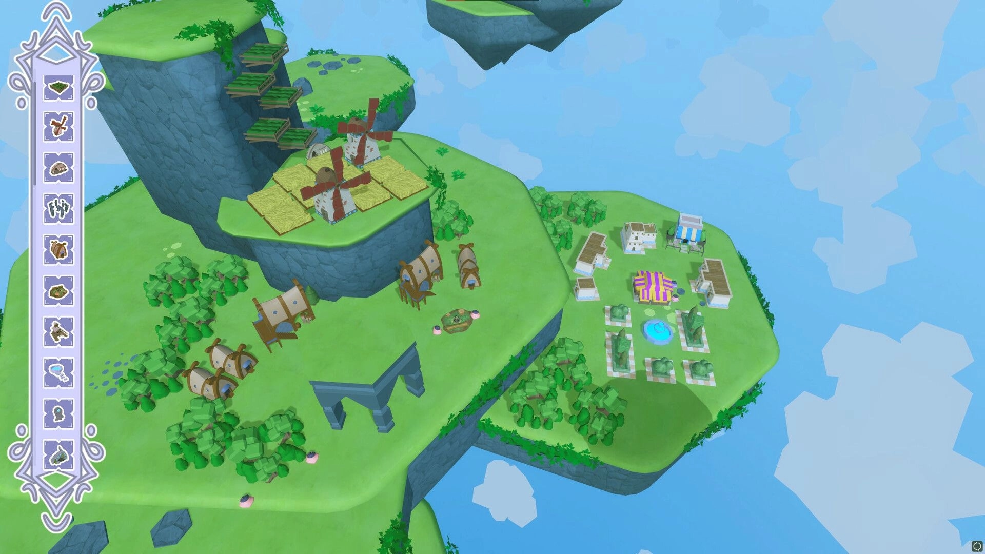 Skykipelago: Building windmills and homes on floating islands with UI menu on the left in the sky