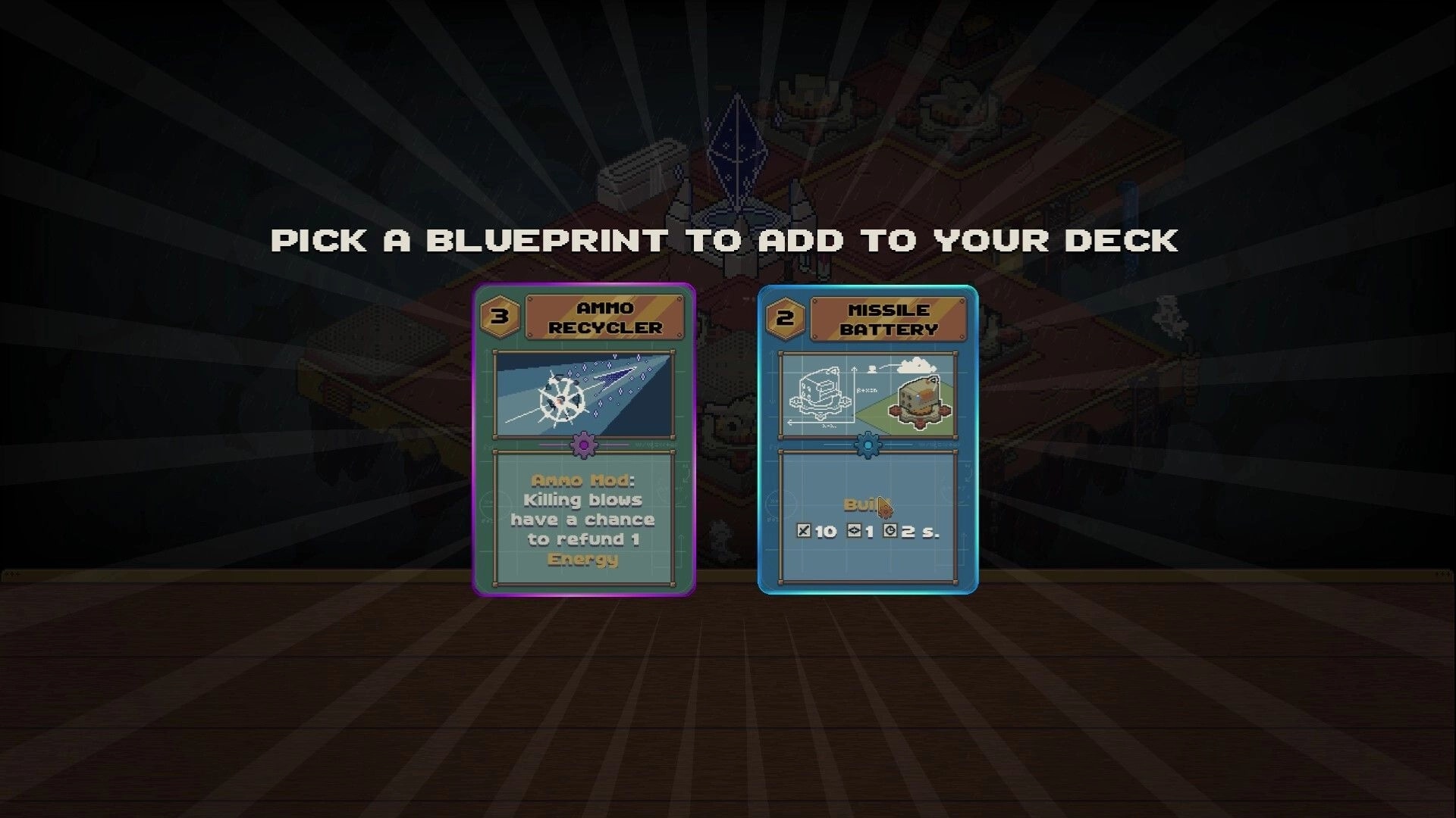 Skymote: Blueprint reward choice screen with Ammo Recycler vs Missile Battery over a dim base map.