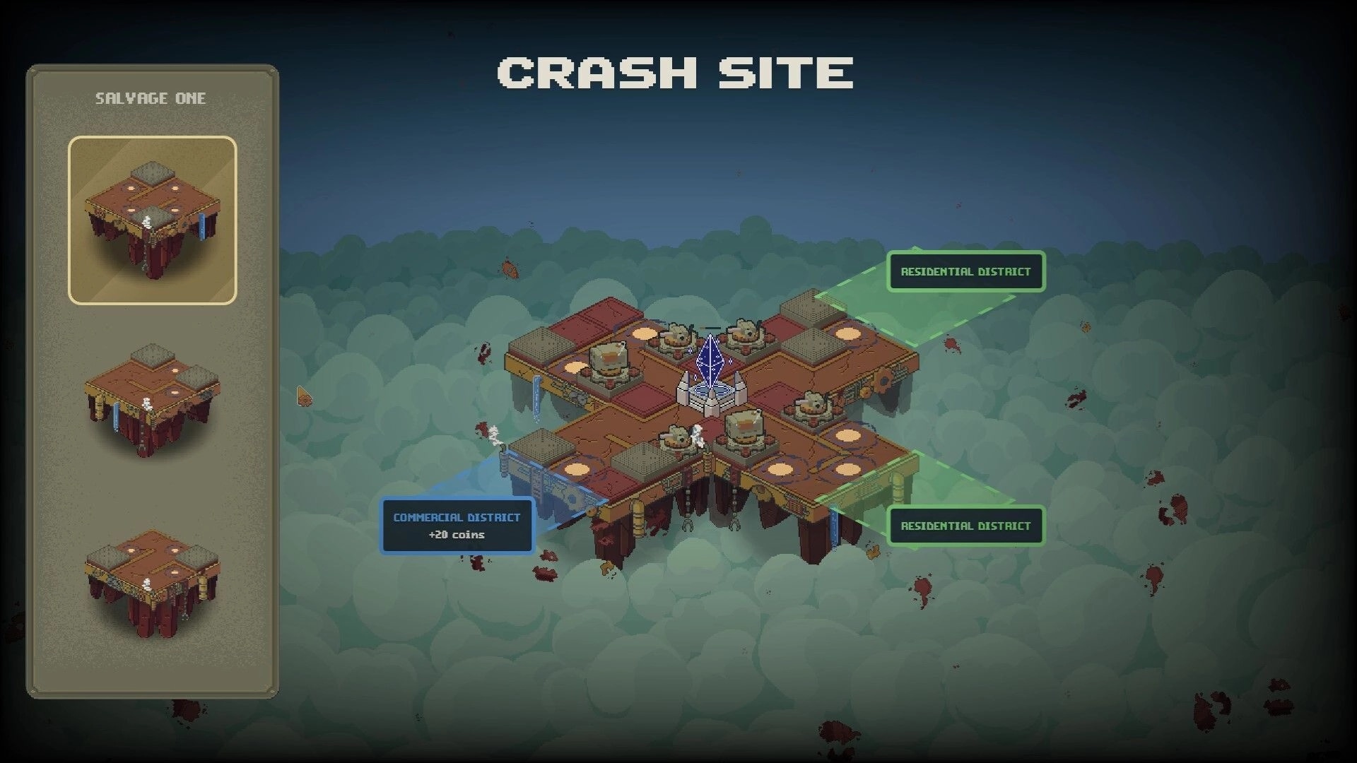 Skymote: Crash Site map screen with floating island tiles and district selection UI over clouds.