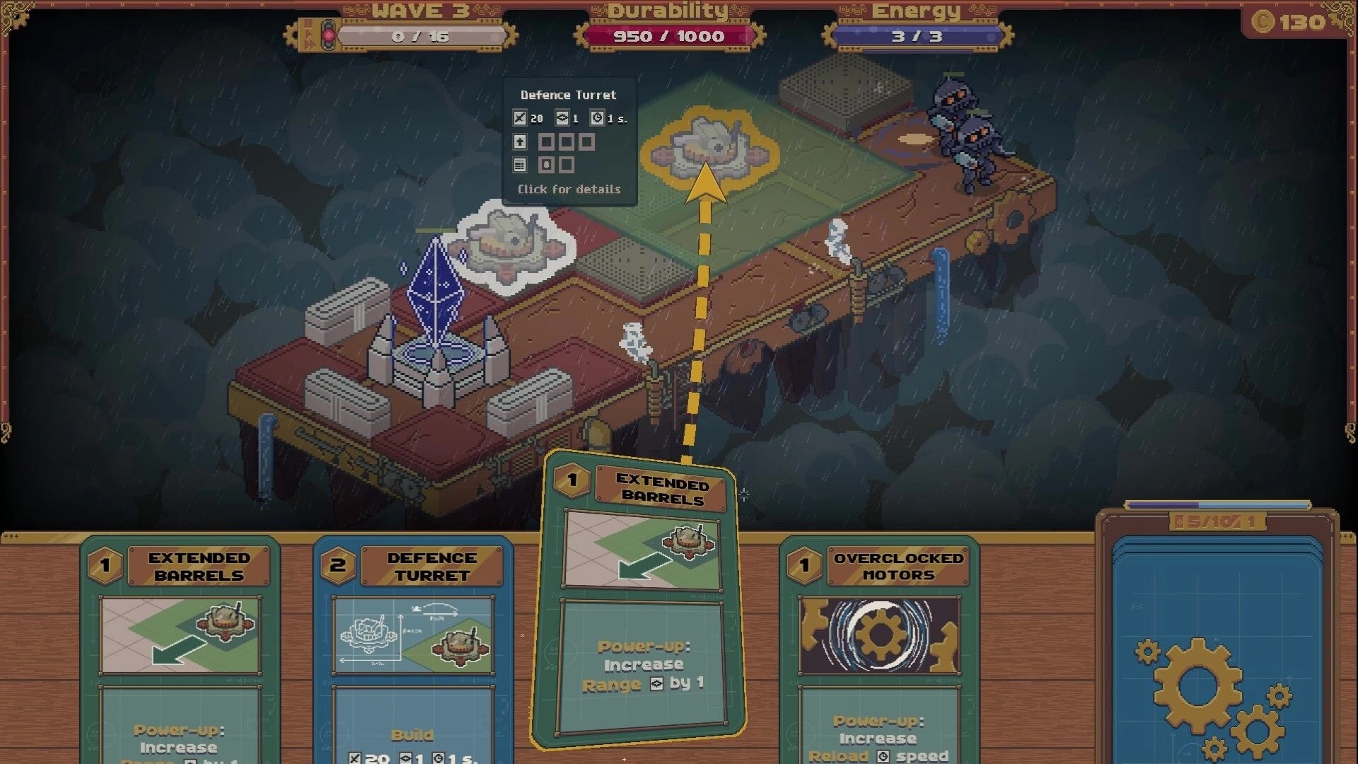 Skymote: Placing a defence turret from cards on a rainy floating island as two enemies advance.