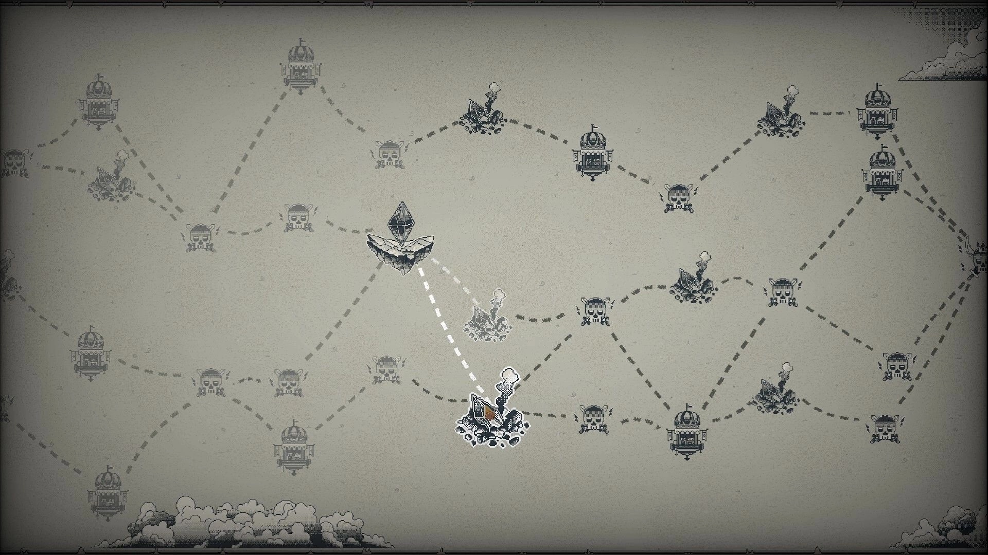 Skymote: Dotted-path world map with skull and tower nodes, selected smoking camp on parchment backdrop.