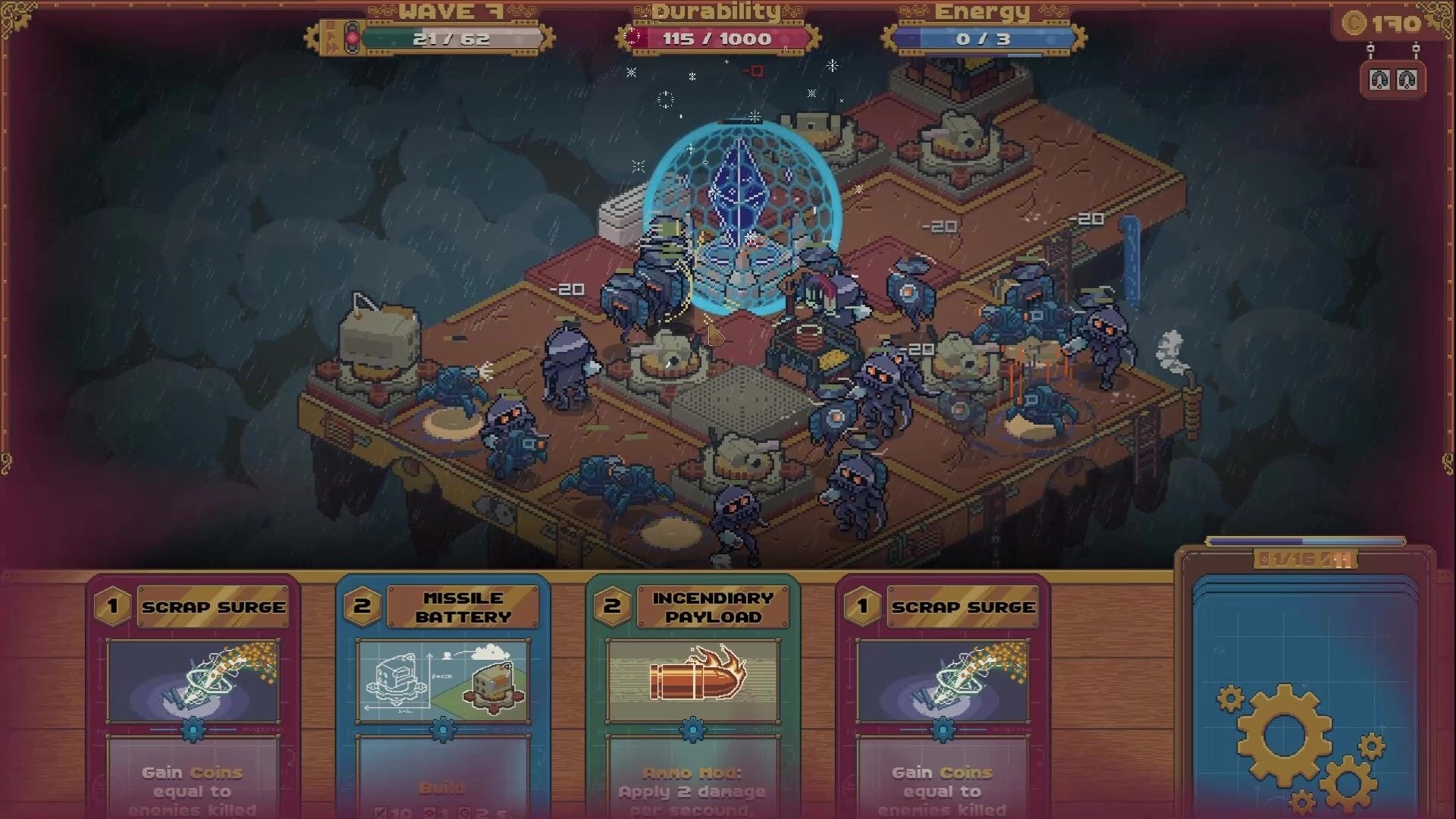 Skymote: Wave 7 defence with crystal shield, robots on floating island, card hand and stats UI visible.