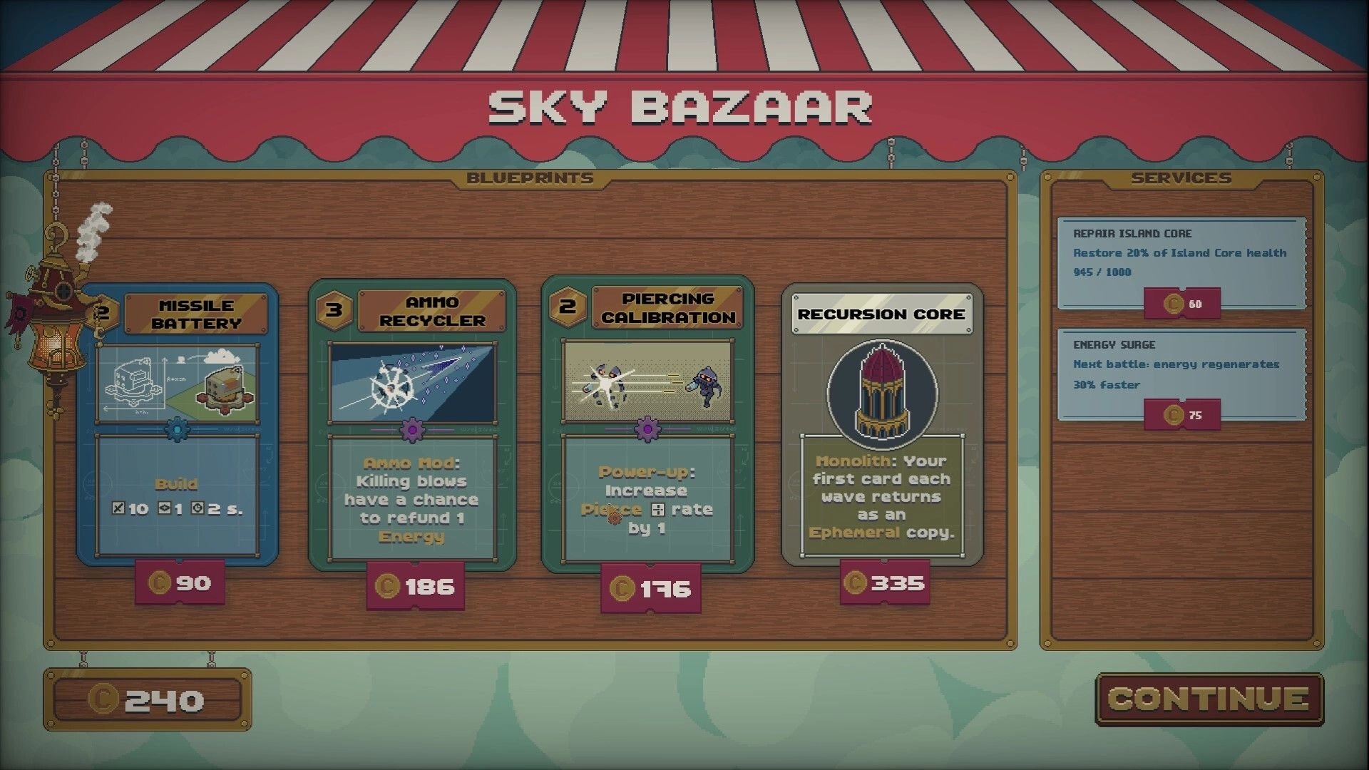 Skymote: Sky Bazaar shop menu with blueprint cards and service upgrades under a striped market awning.
