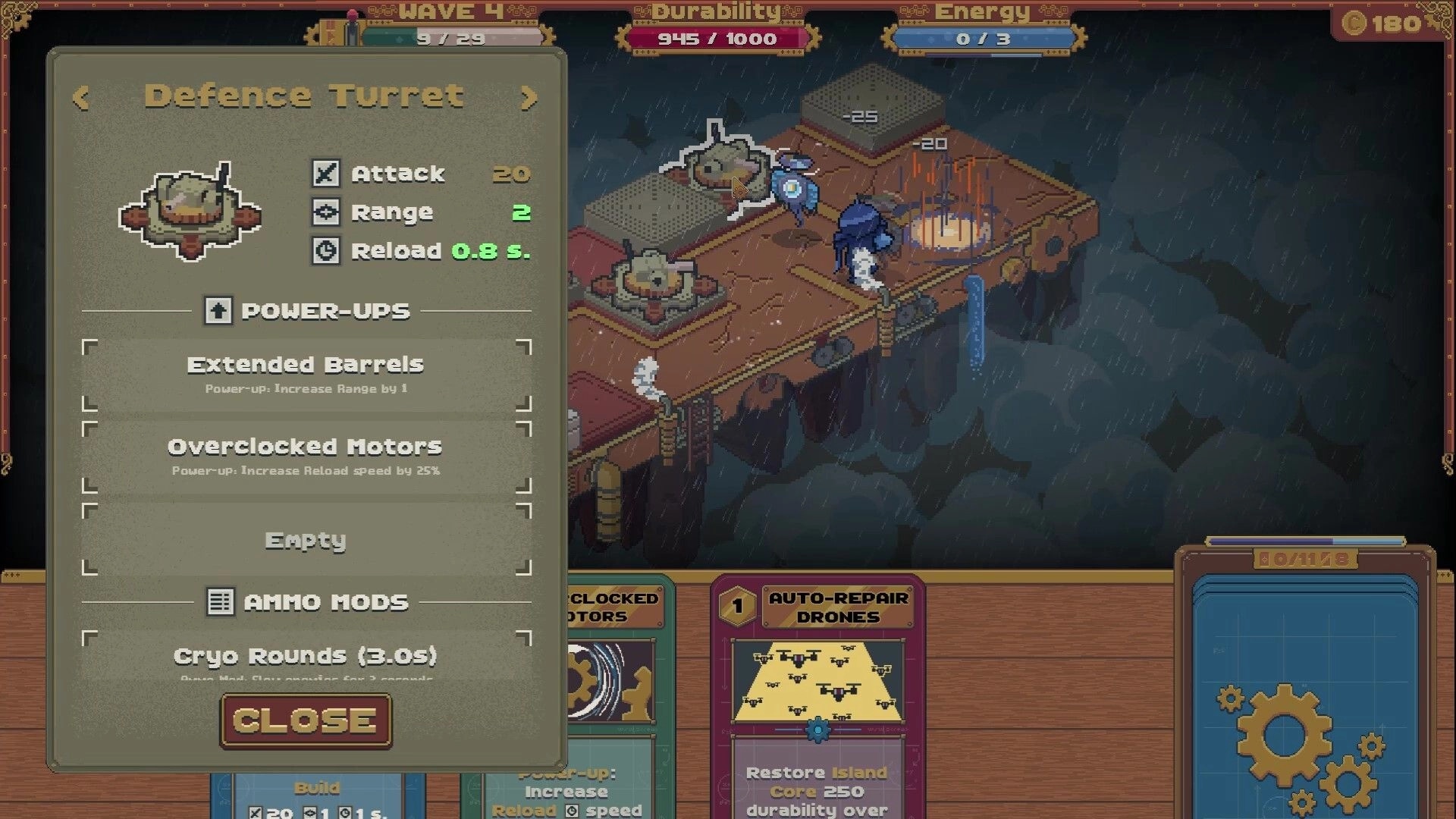 Skymote: Defence Turret upgrade menu over rainy island battle grid with wave, durability, energy UI.