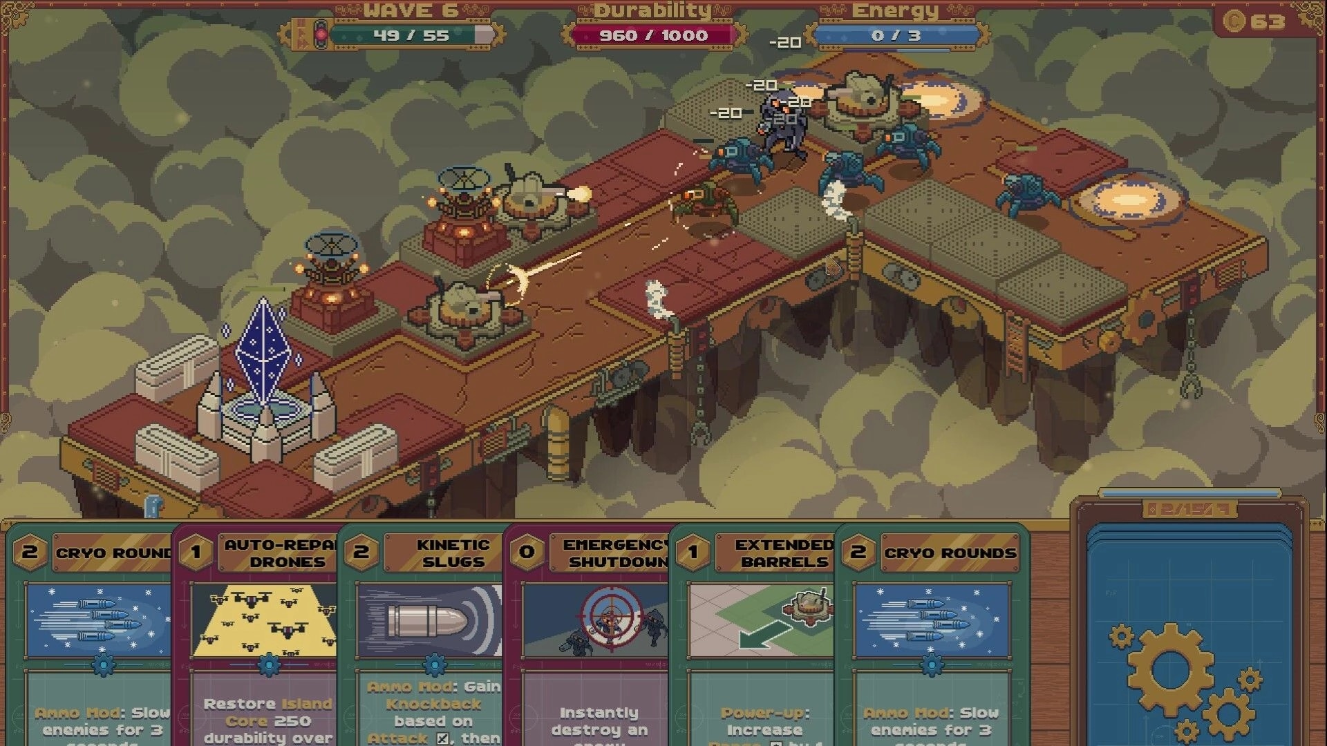 Skymote: Wave 6 defense with turrets firing at blue robots on a floating island, card hand UI below.