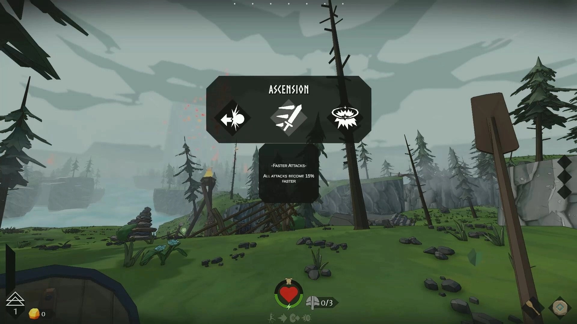 Skyrest: Ascension upgrade selection UI over grassy island cliffs with pines and misty sea beyond.