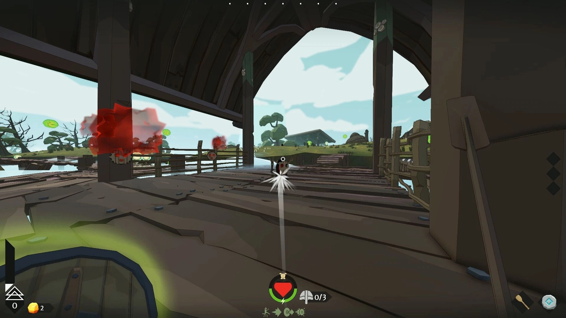 Skyrest: Aiming reticle at a small ghost enemy on a wooden dock under a roofed pier by water.