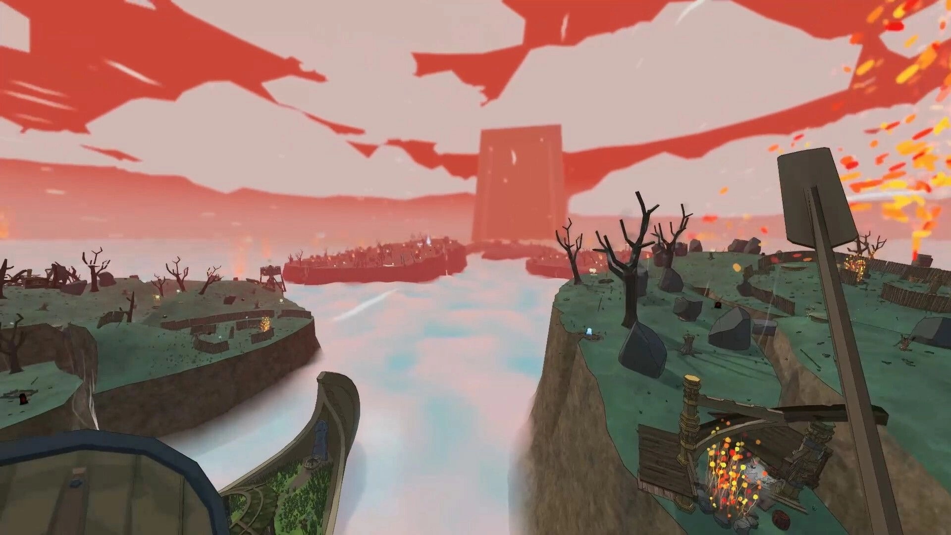 Skyrest: First-person view from a boat approaching barren floating islands under a red sky haze.