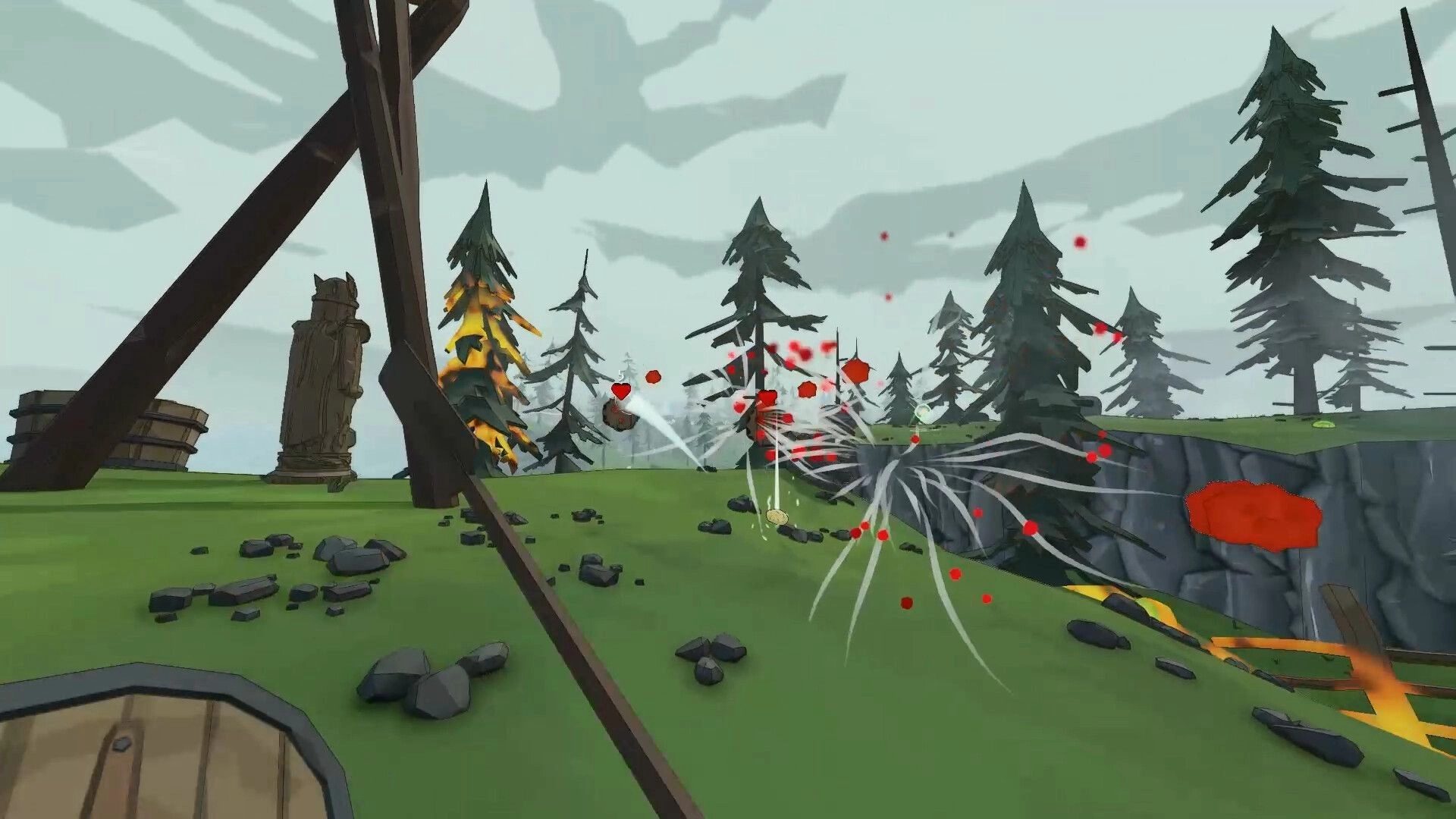 Skyrest: First-person ranged attack hits an enemy with red splatter on a pine-covered island cliffside.